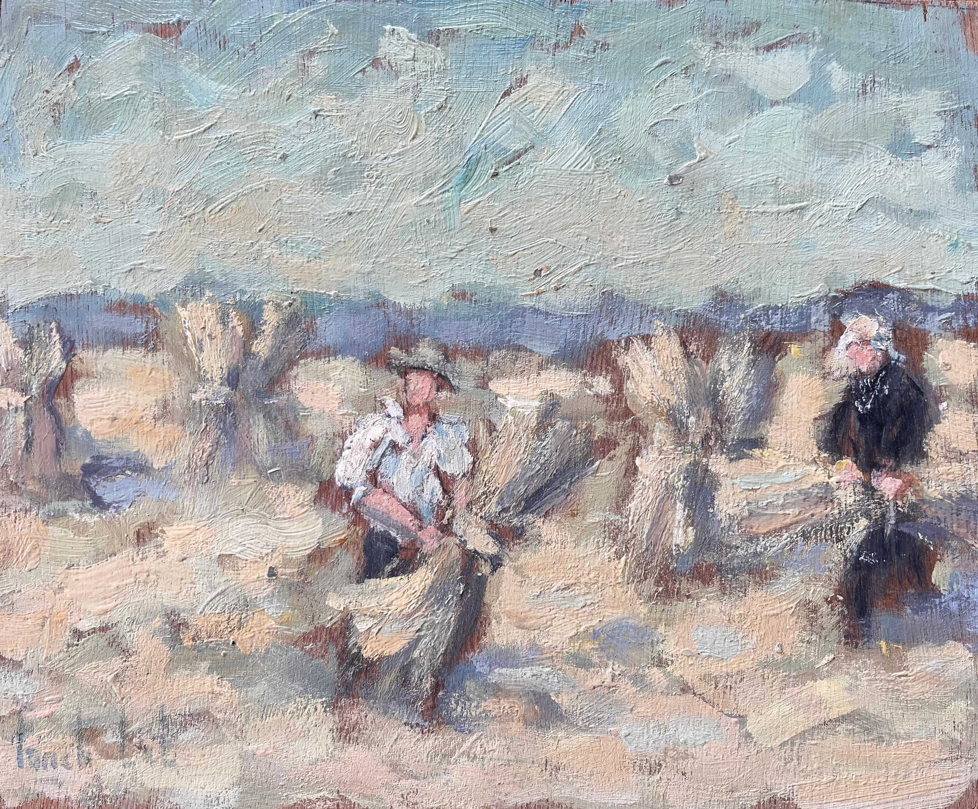 Fanch Lel Landscape Painting – Französisches impressionistisches Ölgemälde von Bauern bei der Weizenernte im Morgenlicht, Öl