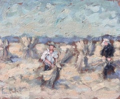 French Impressionist Oil of Farmers Harvesting Wheat in Morning Light