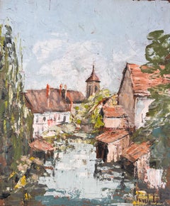 Fanch Lel - French Impressionist Oil of River Through Village with Church Tower and Houses French Impressionist Oil of River Through Village with Church Tower and Houses