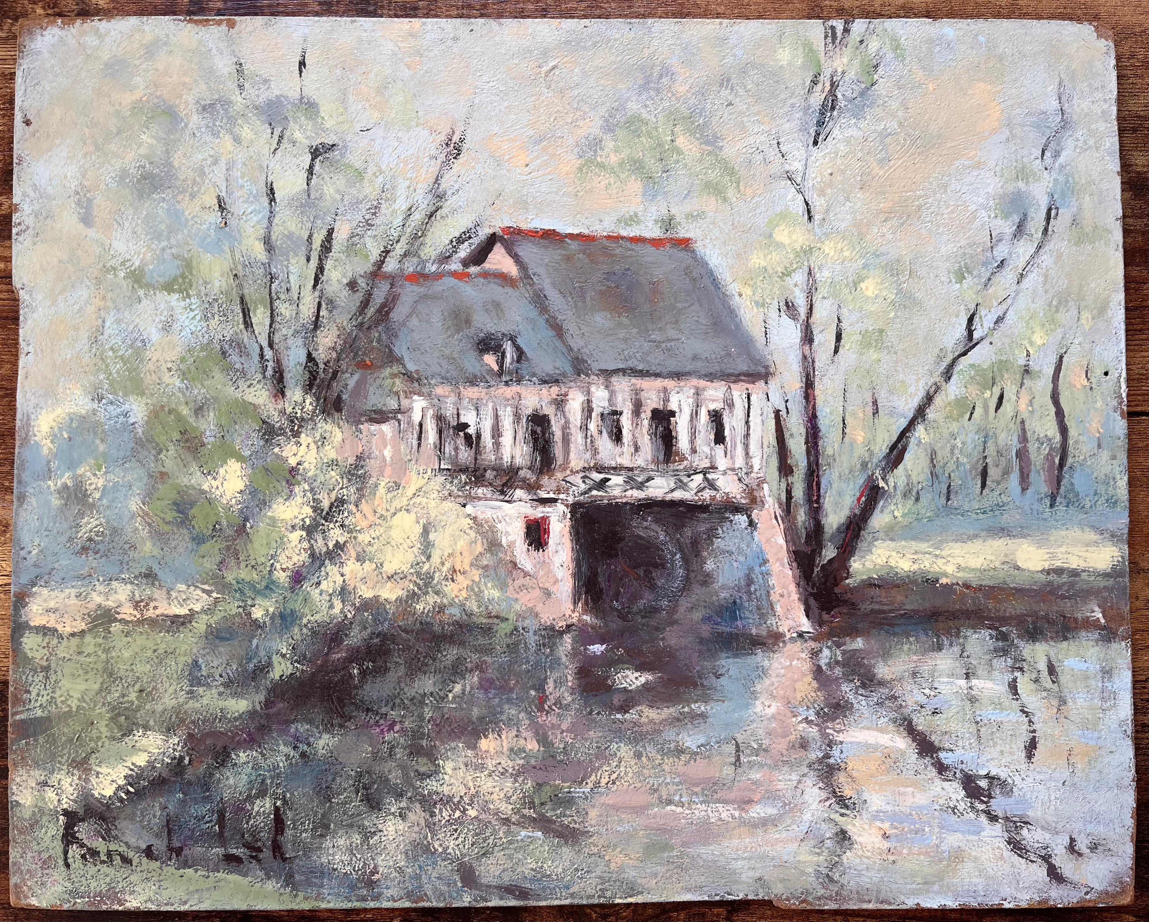 Französischer Impressionist Öl von Riverside Mill House mit Bäumen und Reflektionen – Painting von Fanch Lel