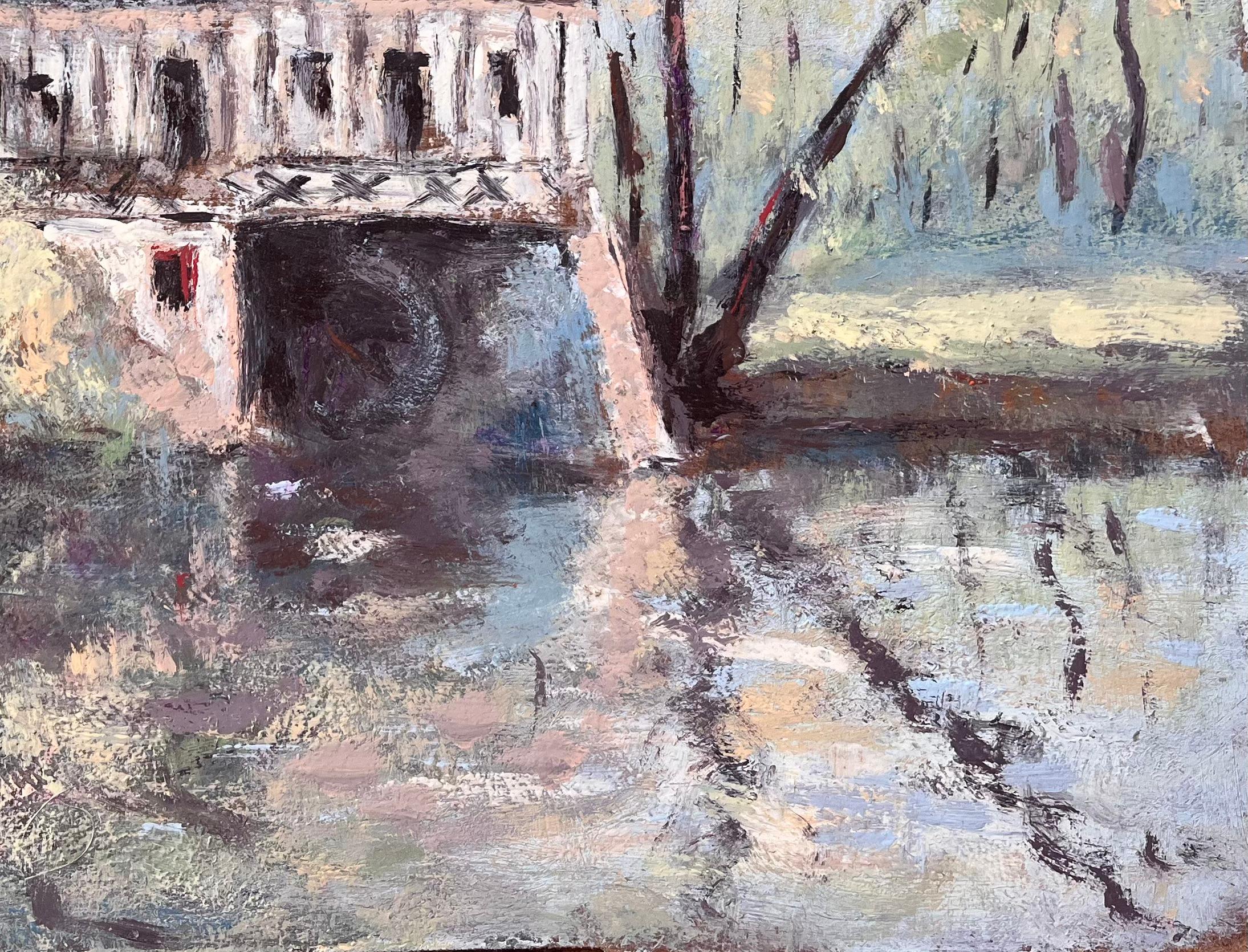 Französischer Impressionist Öl von Riverside Mill House mit Bäumen und Reflektionen (Impressionismus), Painting, von Fanch Lel