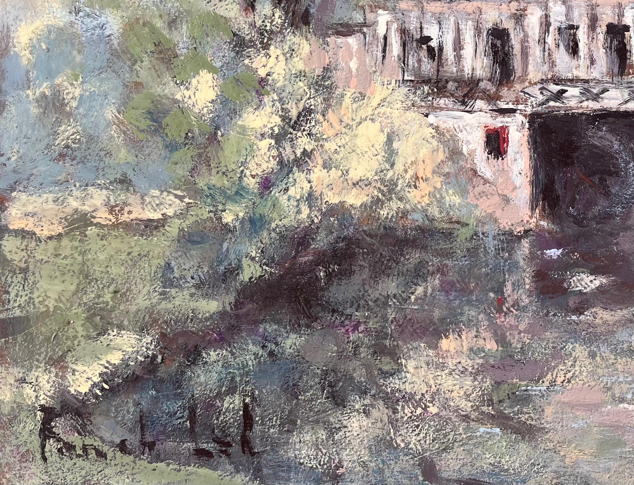 Französischer Impressionist Öl von Riverside Mill House mit Bäumen und Reflektionen (Grau), Abstract Painting, von Fanch Lel