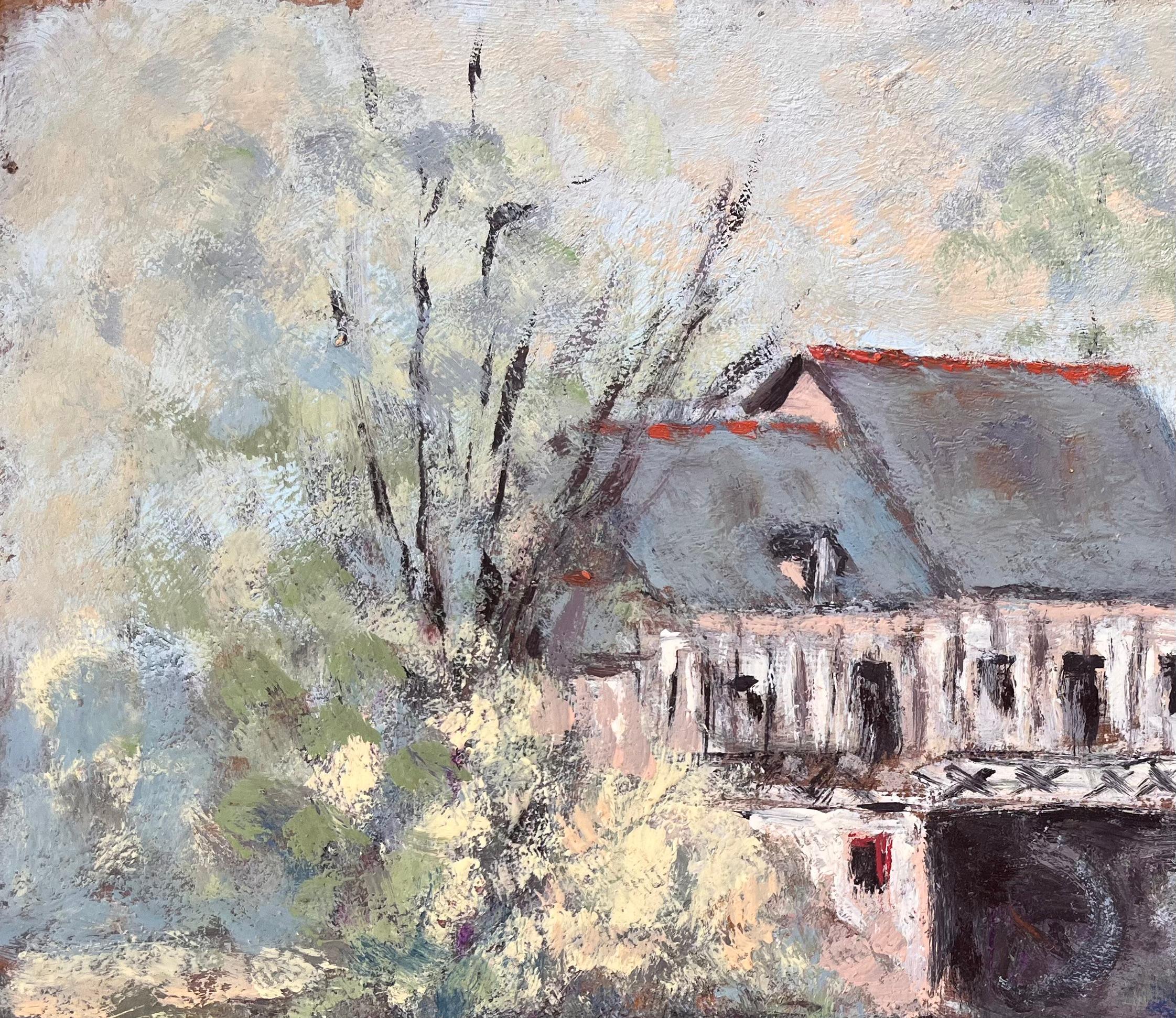 Titel: Französischer Impressionist Öl von Riverside Mill House mit Bäumen und Reflexionen
Von Fanch Lel
Unterschrieben: Ja
Größe: 13 x 16,25 Zoll (Höhe x Breite)
Ölgemälde auf Karton, ungerahmt
Zustand: Das Gemälde ist in gutem Zustand mit leichten