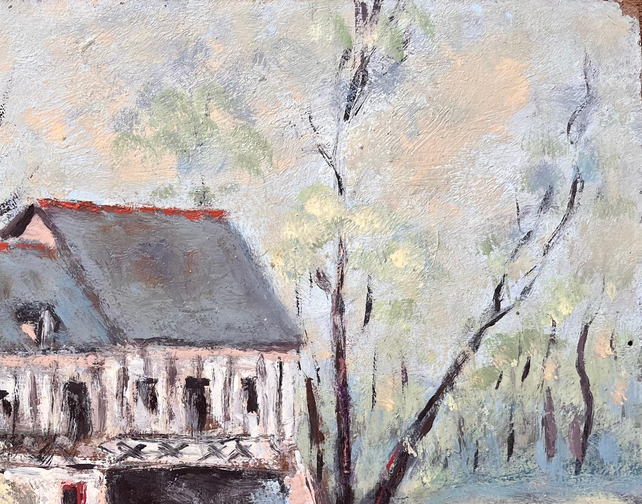 Französischer Impressionist Öl von Riverside Mill House mit Bäumen und Reflektionen im Angebot 1