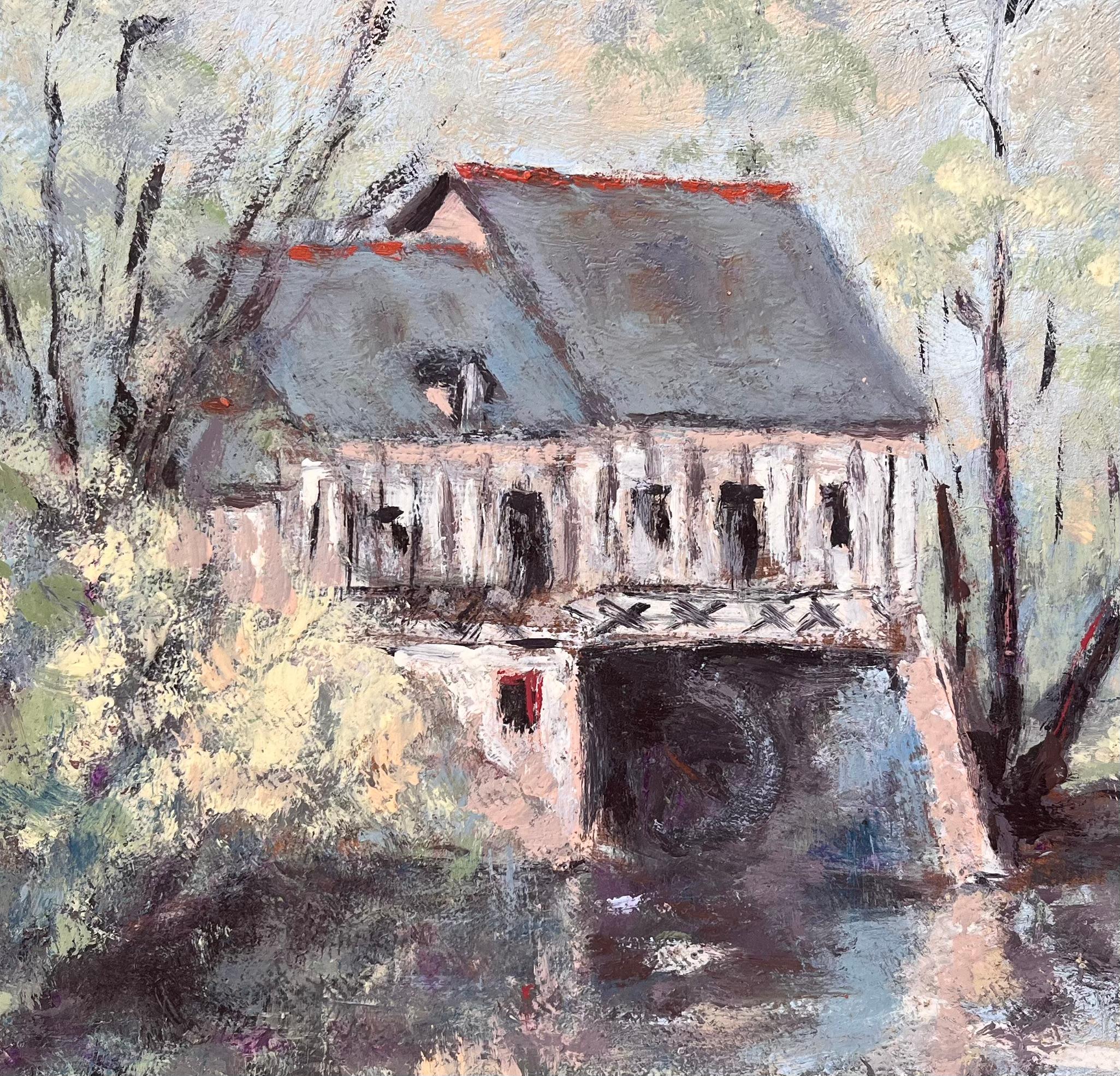 Französischer Impressionist Öl von Riverside Mill House mit Bäumen und Reflektionen im Angebot 2