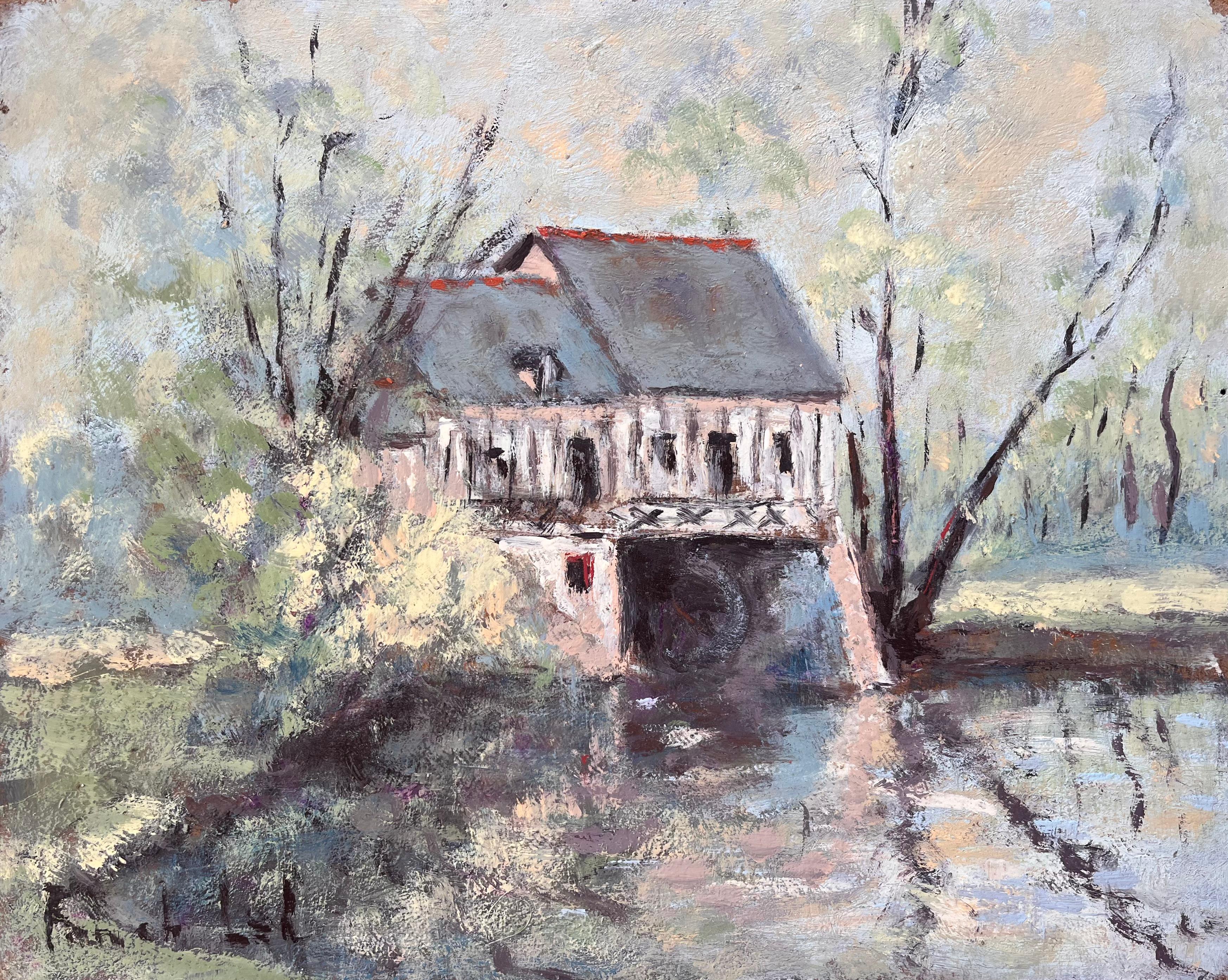 Französischer Impressionist Öl von Riverside Mill House mit Bäumen und Reflektionen
