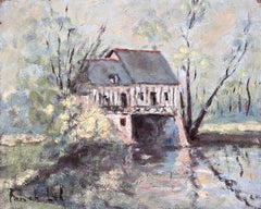 French Impressionist Oil of Riverside Mill House with Trees and Reflections