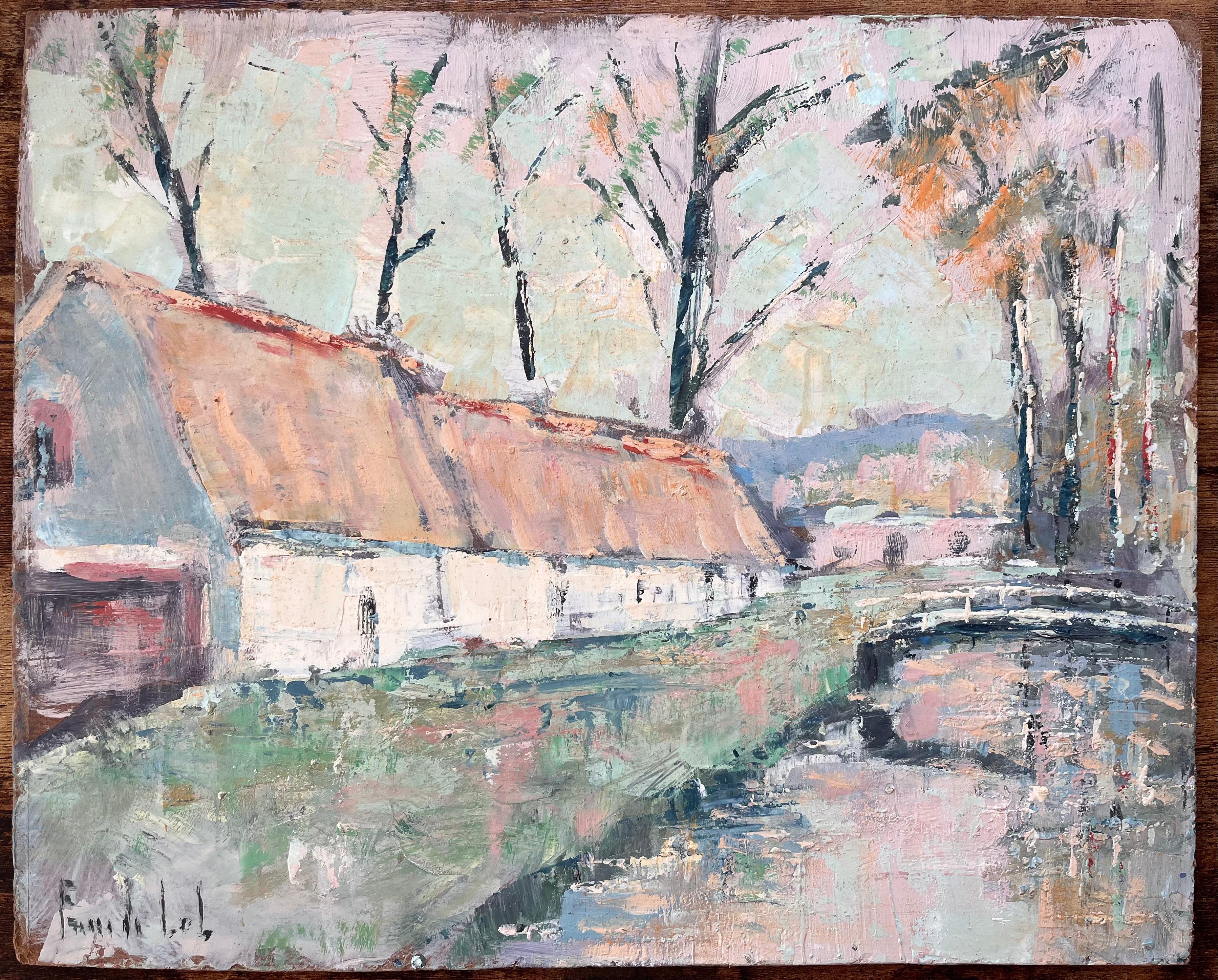 French Impressionist Oil of Thatched Farmhouse with River and Bridge - Painting by Fanch Lel