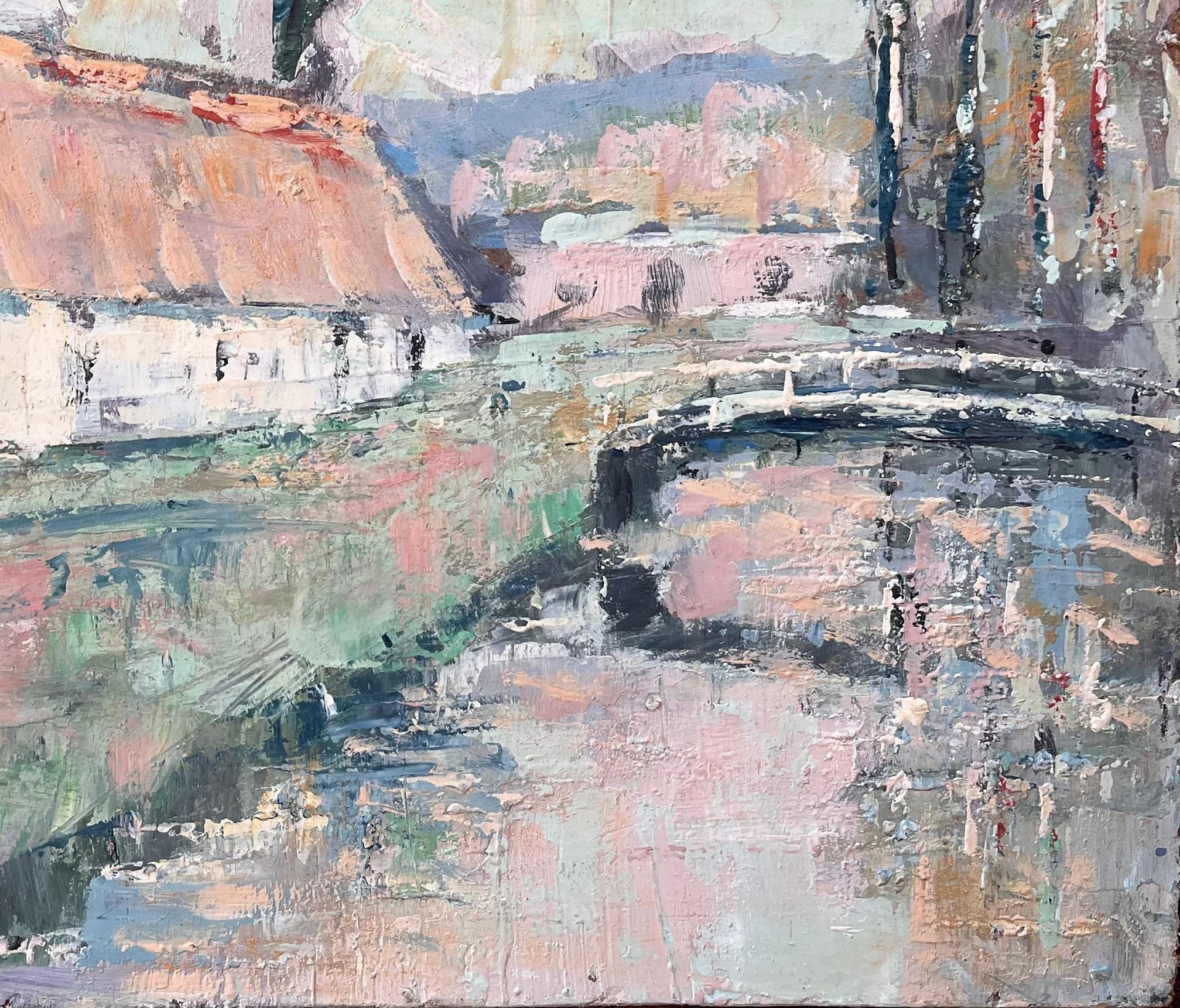 French Impressionist Oil of Thatched Farmhouse with River and Bridge - Gray Abstract Painting by Fanch Lel