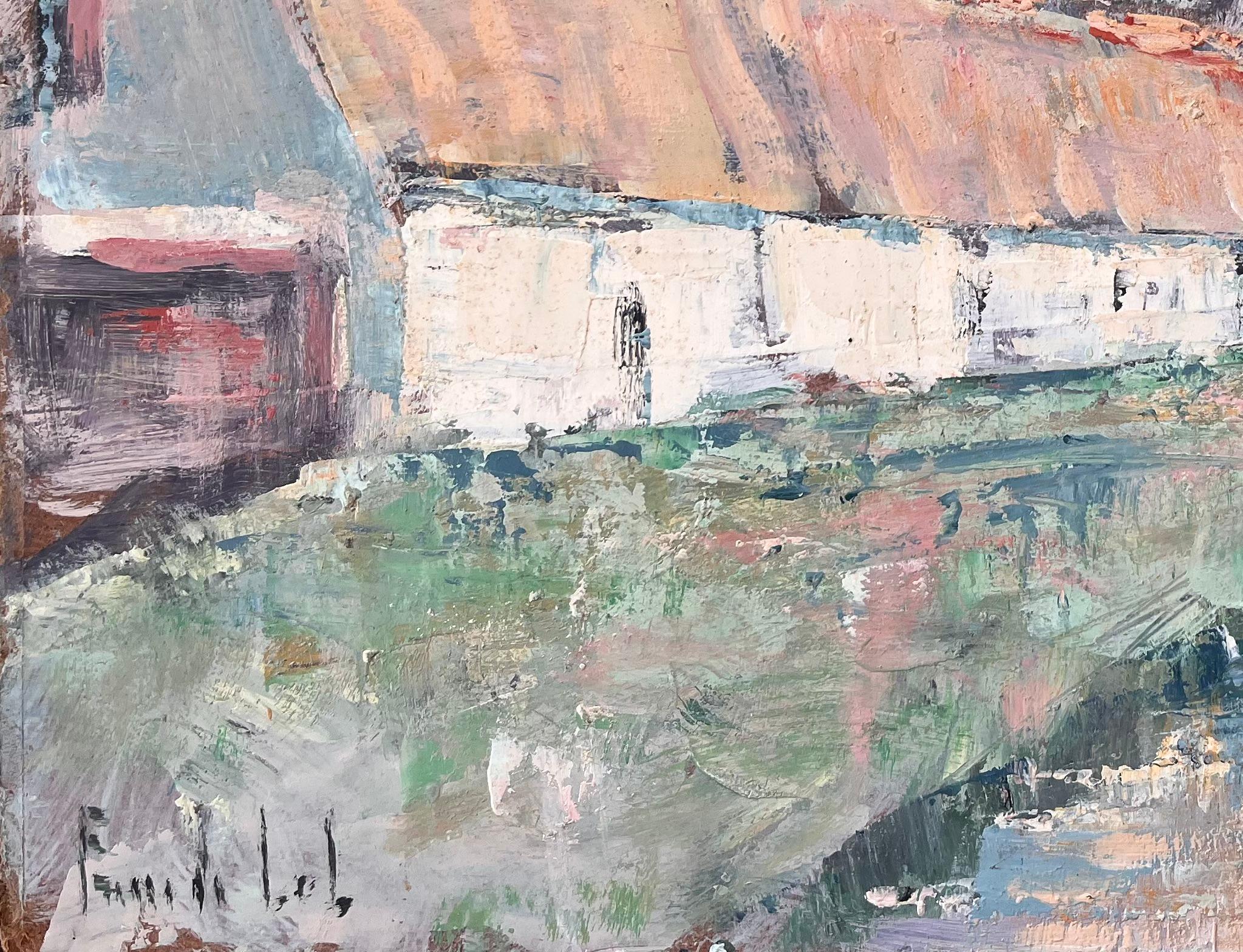 Title: French Impressionist Oil of Thatched Farmhouse with River and Bridge
By Fanch Lel
Signed: Yes
Size: 13 x 16.25 inches (height x width)
Oil painting on board, unframed
Condition: The painting is in good condition with minor signs of wear and