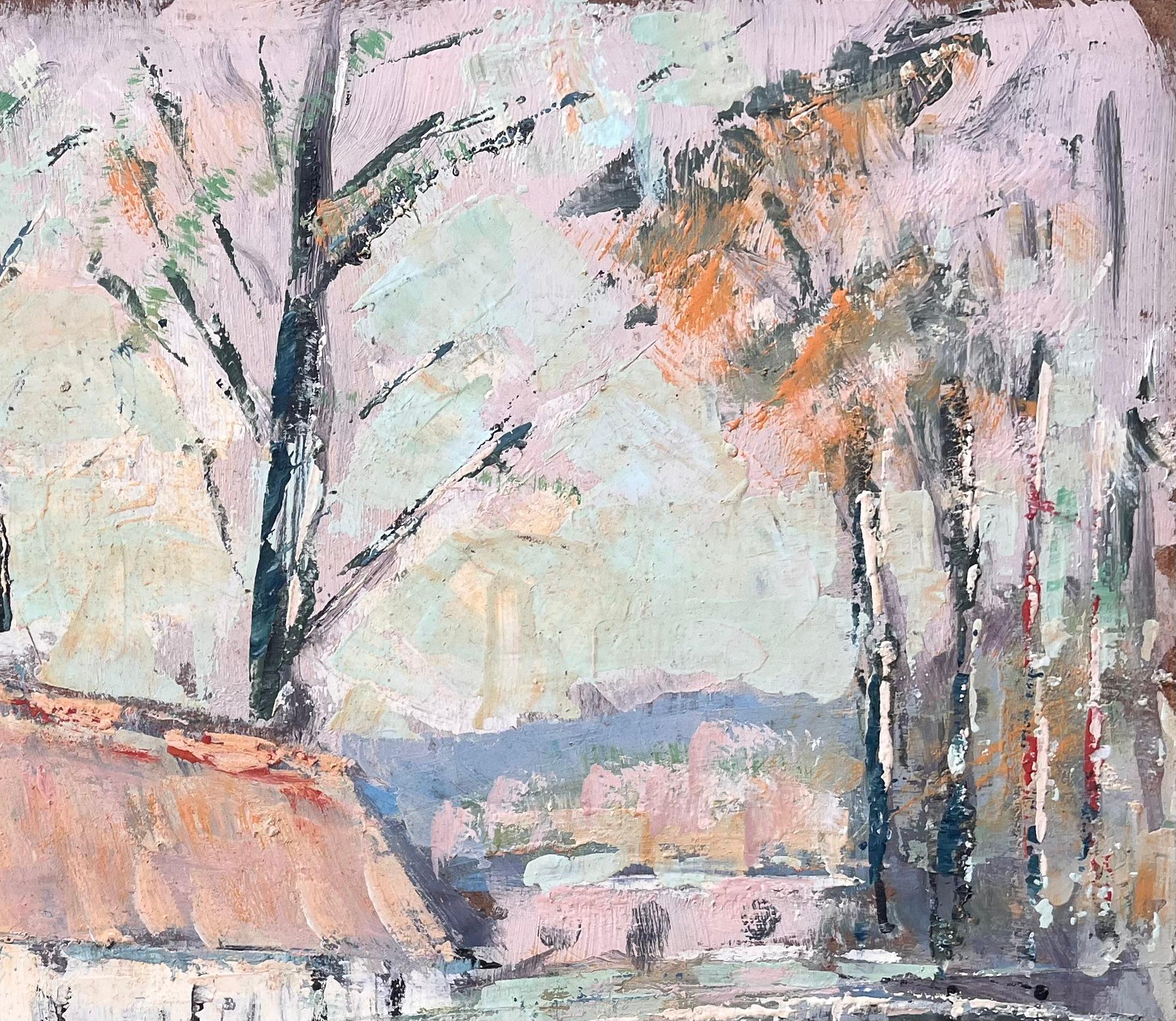 French Impressionist Oil of Thatched Farmhouse with River and Bridge For Sale 2