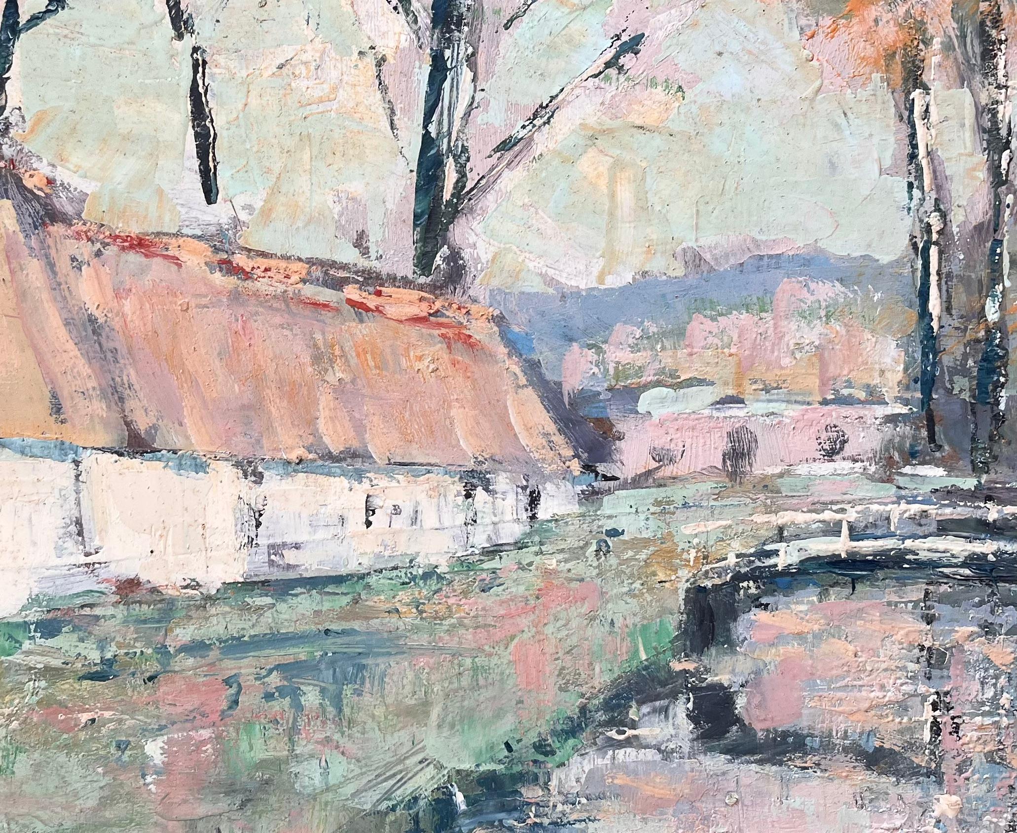 French Impressionist Oil of Thatched Farmhouse with River and Bridge For Sale 3