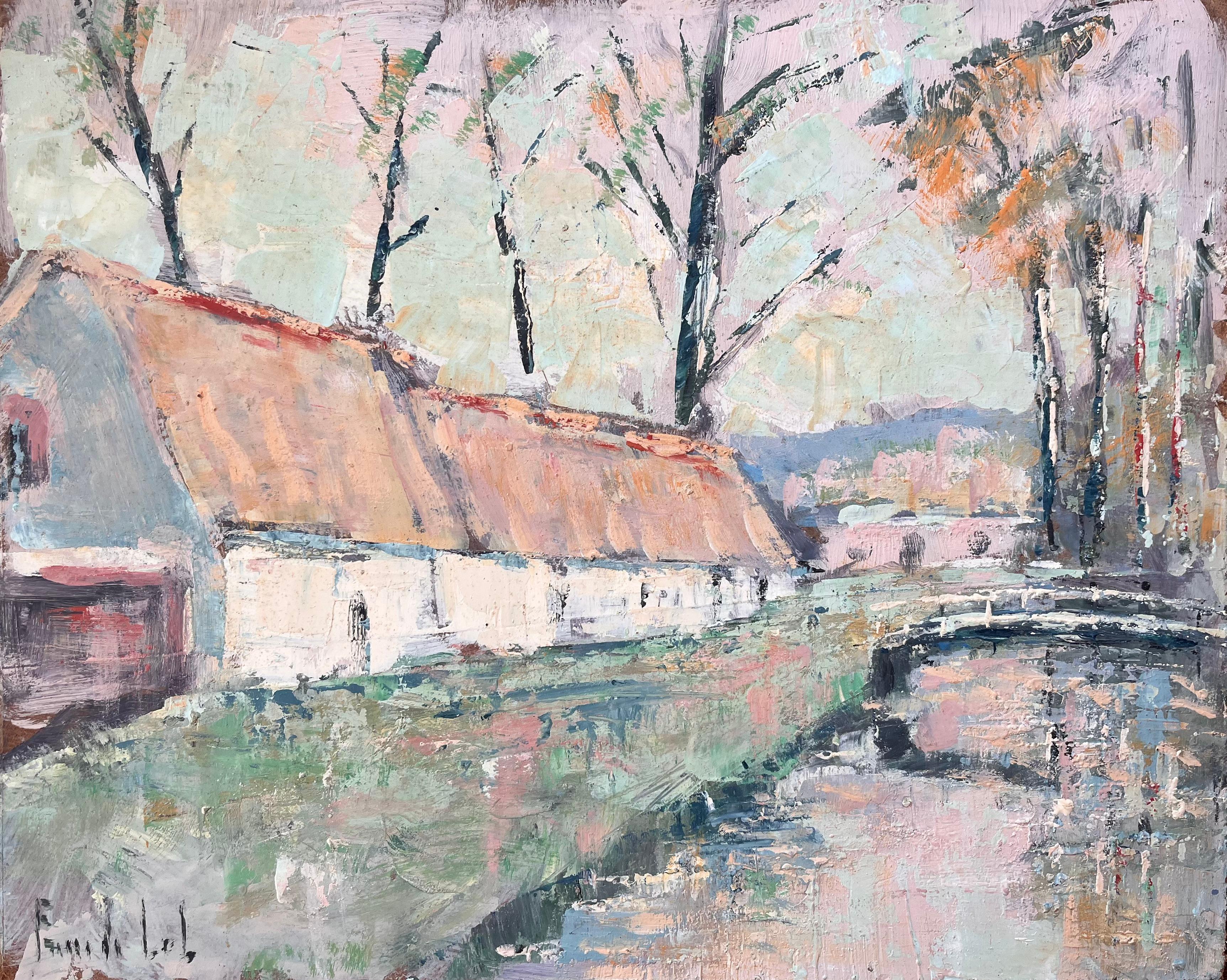 Französischer Impressionist Öl von Strohdach Bauernhaus mit Fluss und Brücke