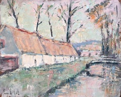 French Impressionist Oil of Thatched Farmhouse with River and Bridge