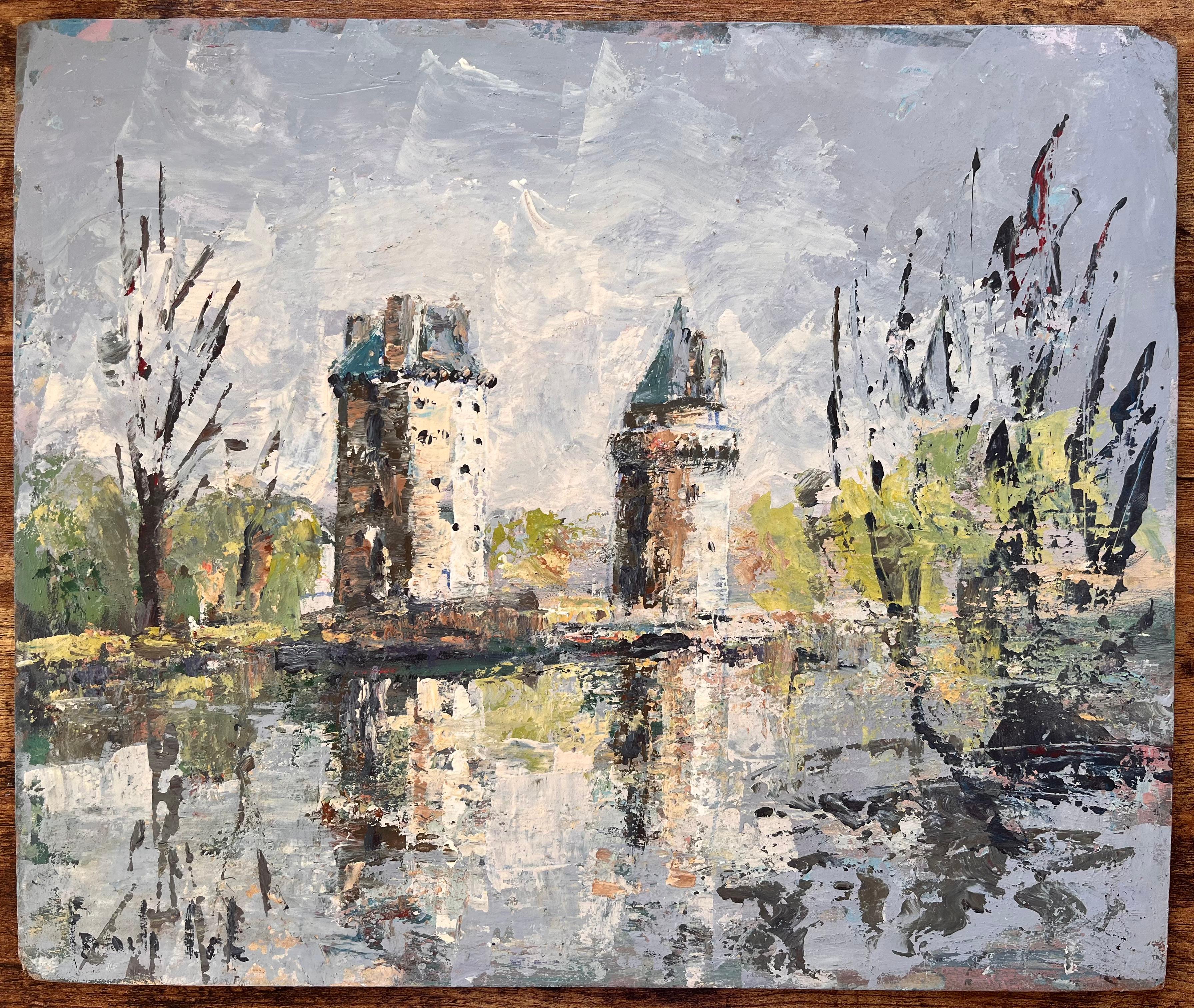 French Impressionist Oil of Twin Turrets and Trees Reflected in River Scene - Painting by Fanch Lel