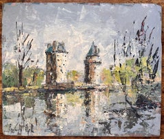 Olio impressionista francese con torri gemelle e alberi riflessi in una scena fluviale