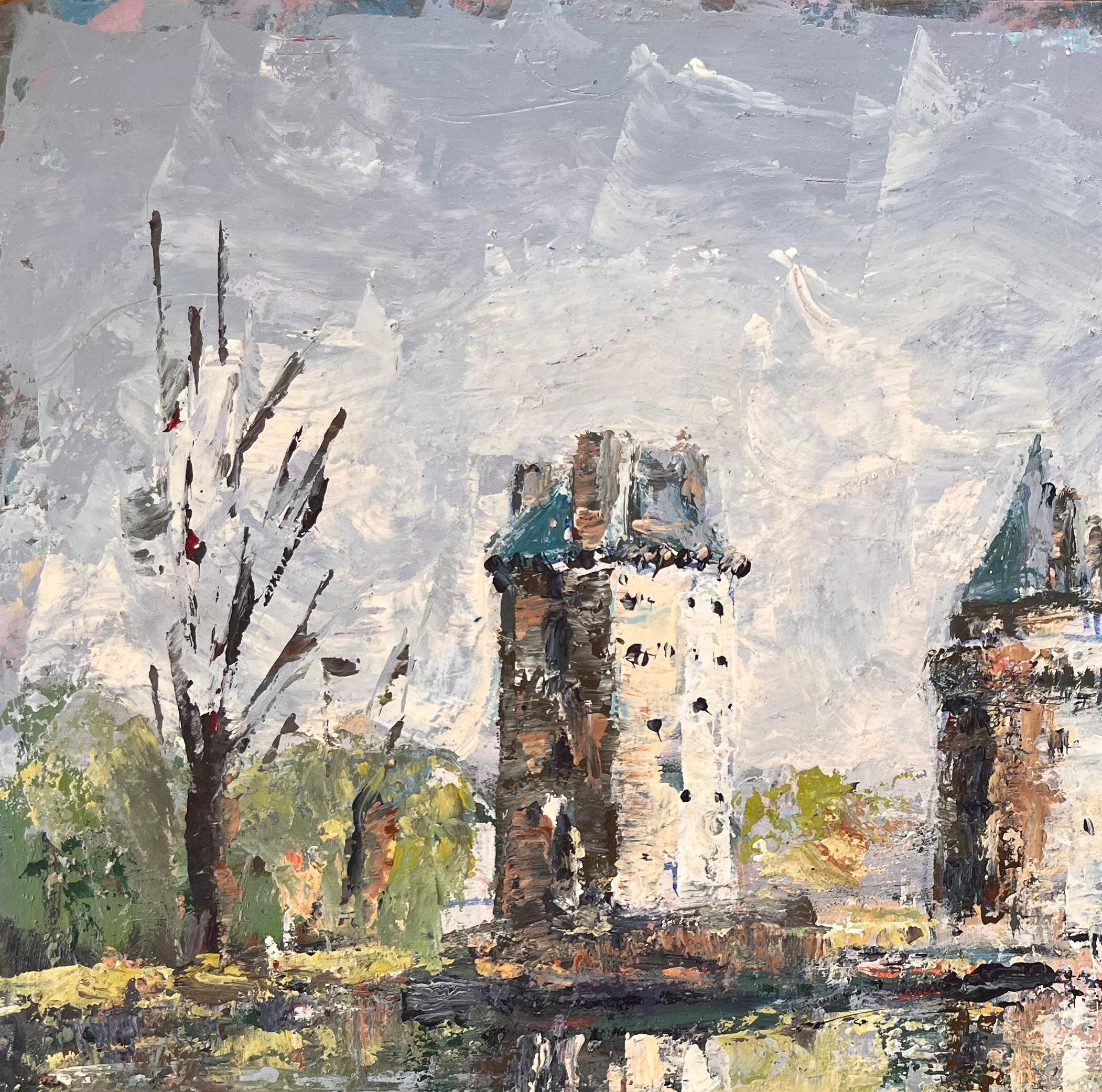 French Impressionist Oil of Twin Turrets and Trees Reflected in River Scene - Gray Abstract Painting by Fanch Lel