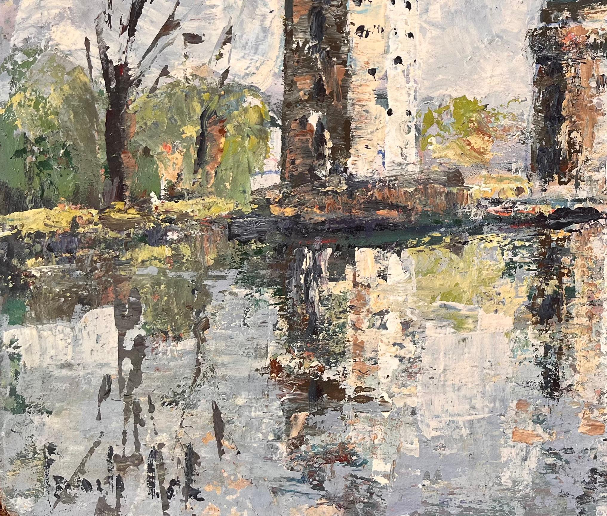 Title: French Impressionist Oil of Twin Turrets and Trees Reflected in River Scene
By Fanch Lel
Signed: yes
Size: 15 x 18 inches (height x width)
Oil painting on board, unframed
Condition: The painting is in good condition with minor signs of wear