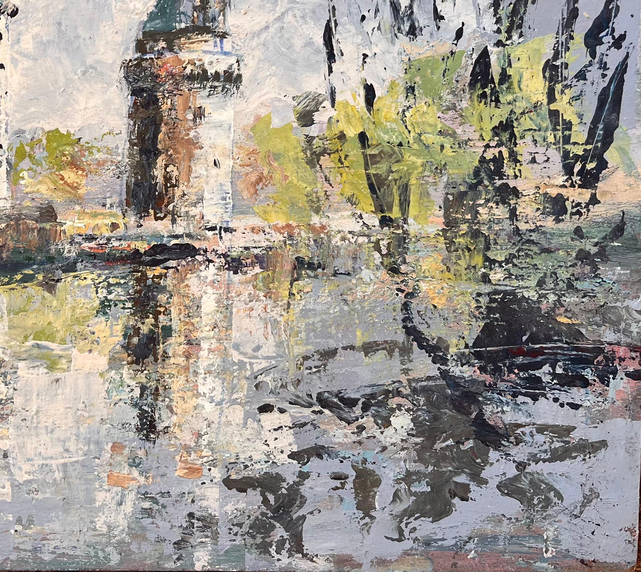 French Impressionist Oil of Twin Turrets and Trees Reflected in River Scene For Sale 1