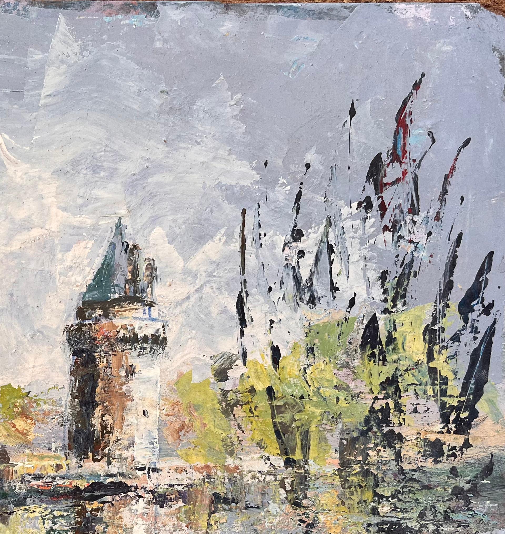 French Impressionist Oil of Twin Turrets and Trees Reflected in River Scene For Sale 2