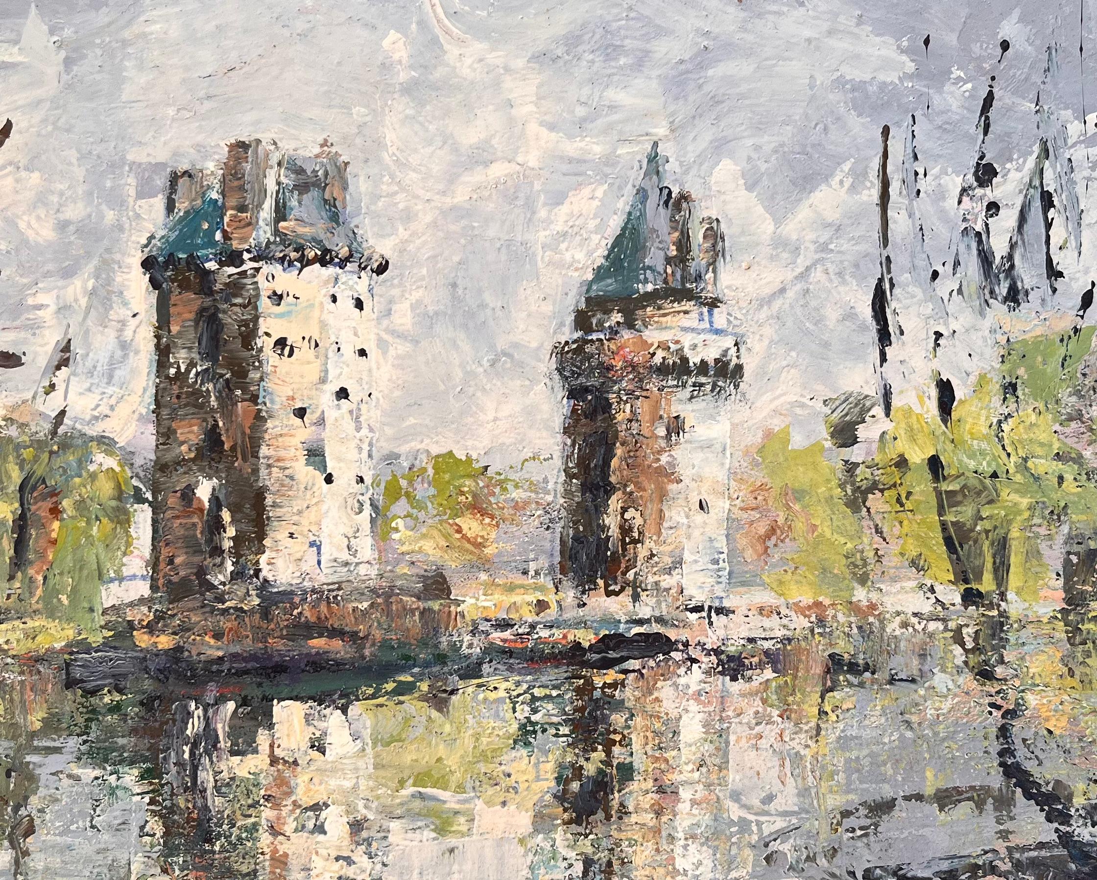 French Impressionist Oil of Twin Turrets and Trees Reflected in River Scene For Sale 3