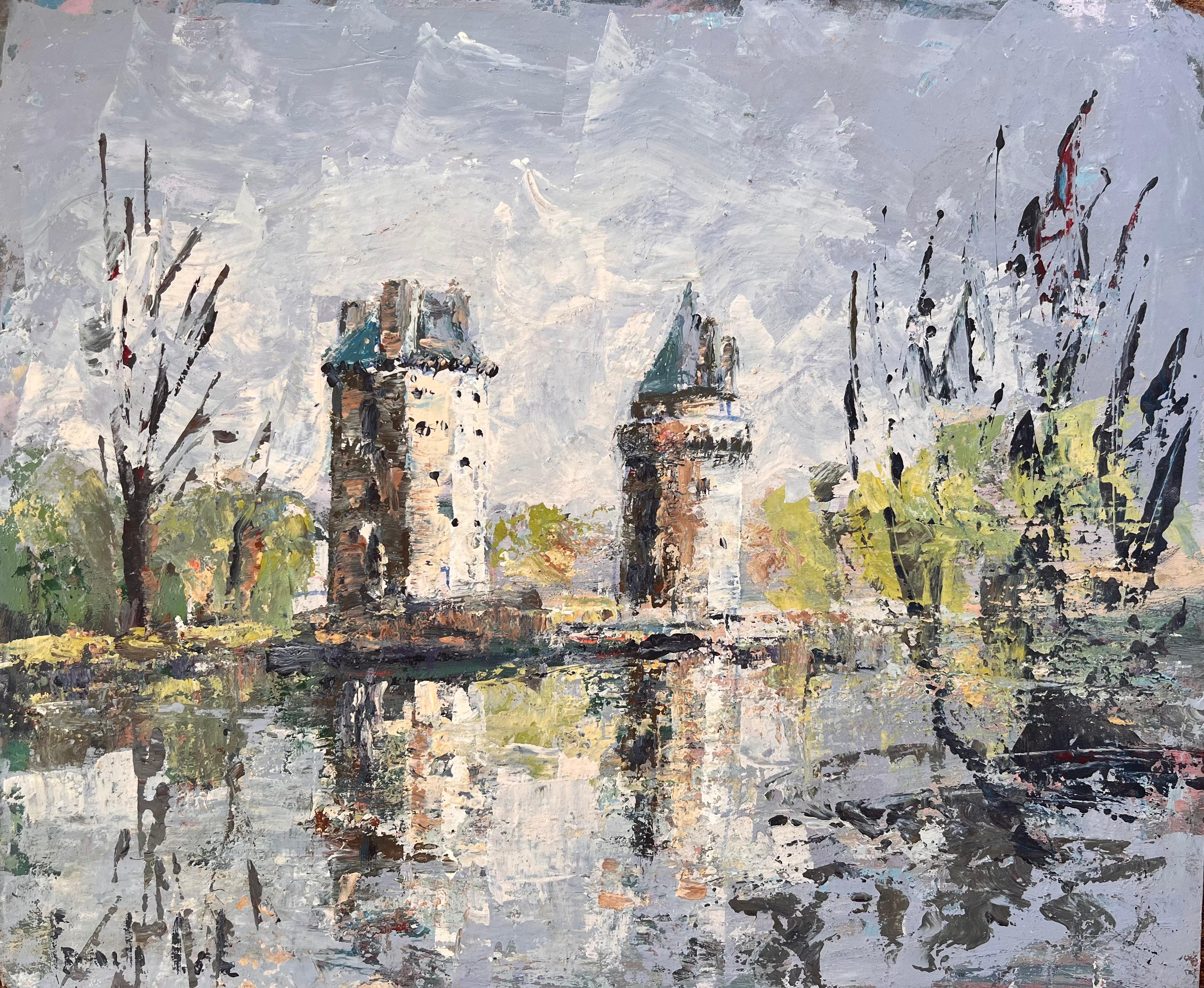 Fanch Lel Abstract Painting - French Impressionist Oil of Twin Turrets and Trees Reflected in River Scene