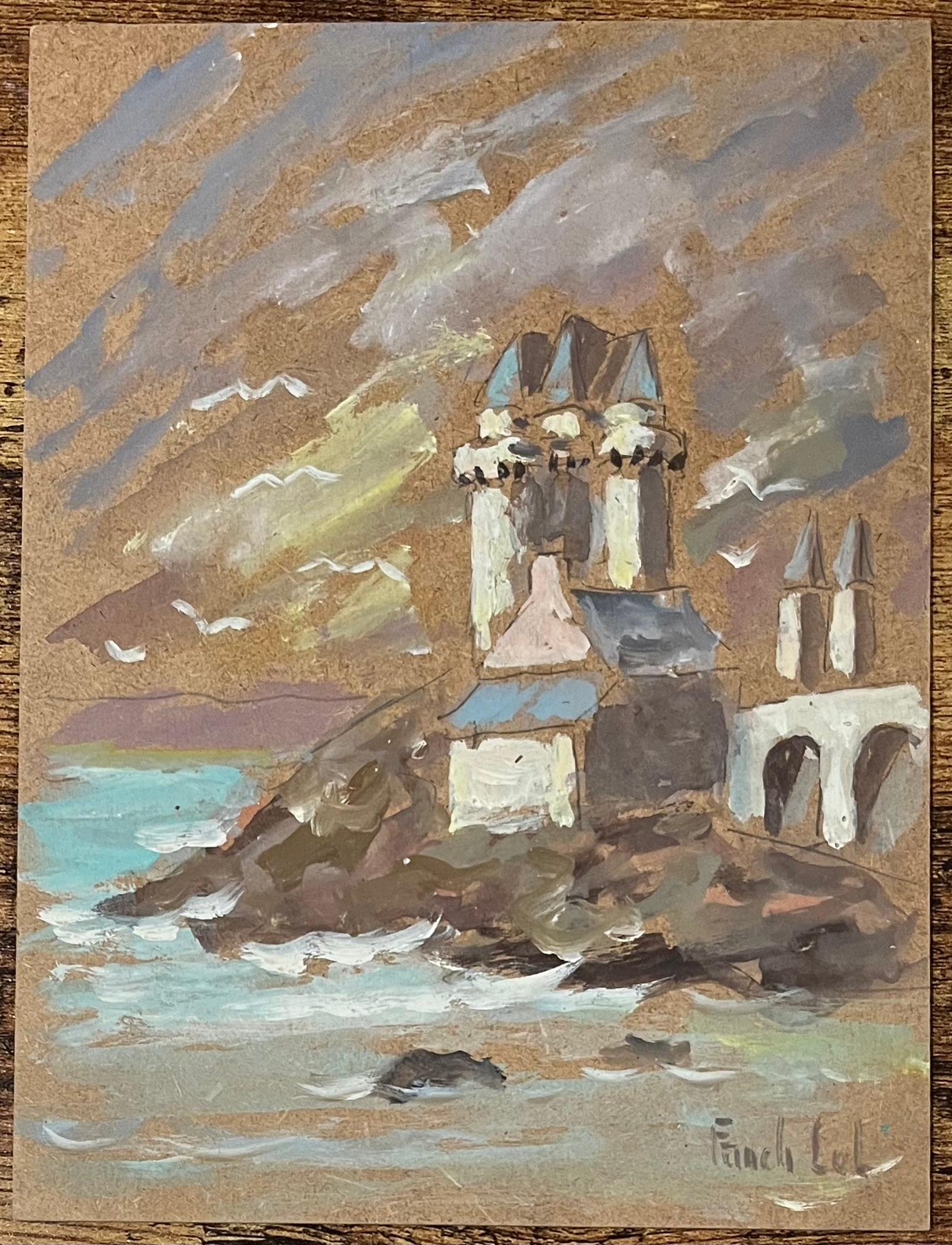 Pittura a olio impressionista francese, architettura costiera con torrette e gabbiano - Painting di Fanch Lel