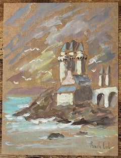French Impressionist Oil Painting, Coastal Architecture with Turrets and Seagull