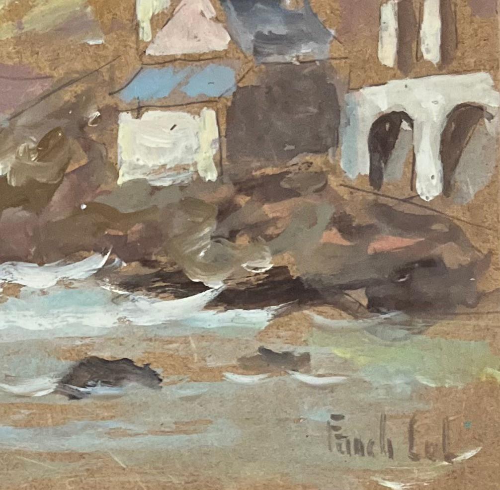 Pittura a olio impressionista francese, architettura costiera con torrette e gabbiano - Painting Impressionismo di Fanch Lel