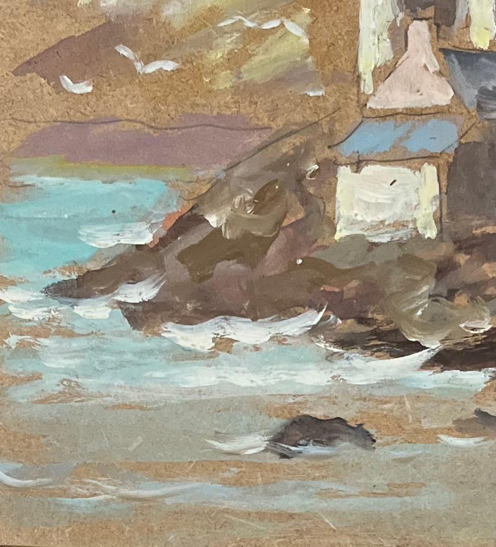 Pittura a olio impressionista francese, architettura costiera con torrette e gabbiano - Landscape Painting Marrone di Fanch Lel