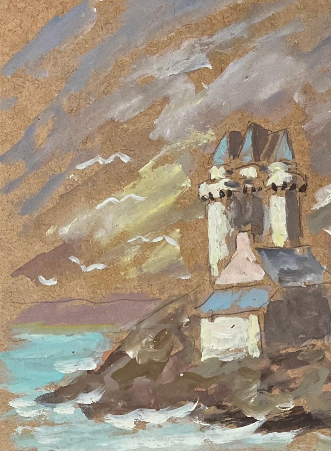 Pittura a olio impressionista francese, architettura costiera con torrette e gabbiano in vendita 1