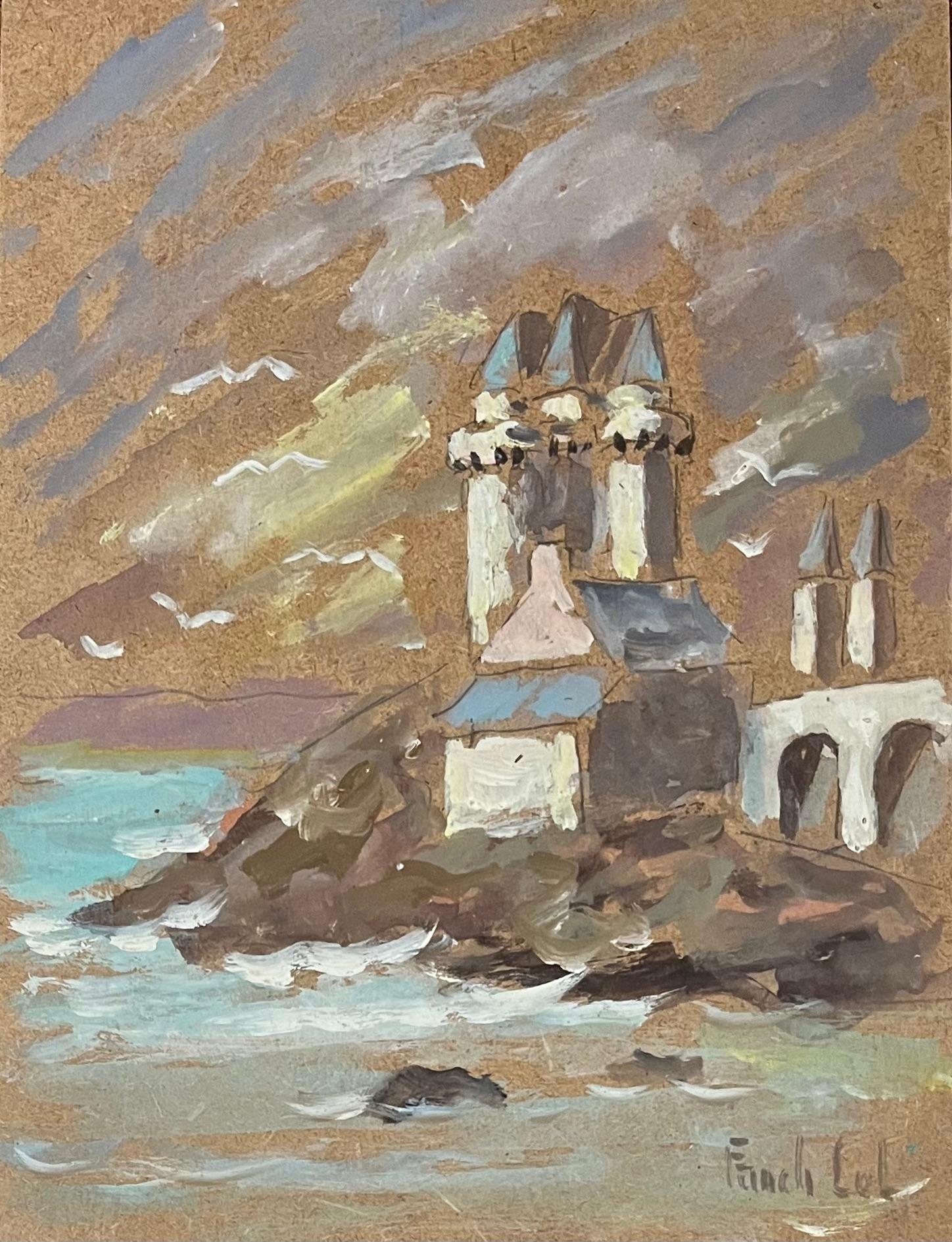 Landscape Painting di Fanch Lel - Pittura a olio impressionista francese, architettura costiera con torrette e gabbiano