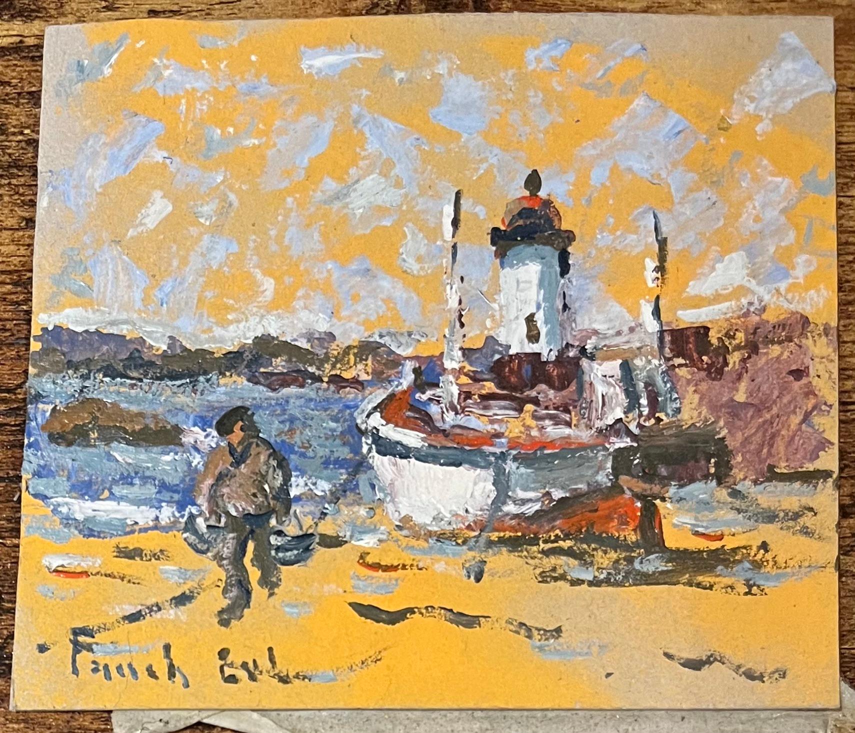 Französischer Impressionist Ölgemälde eines Bootes und eines Fischers in der Nähe eines Leuchtturms – Painting von Fanch Lel