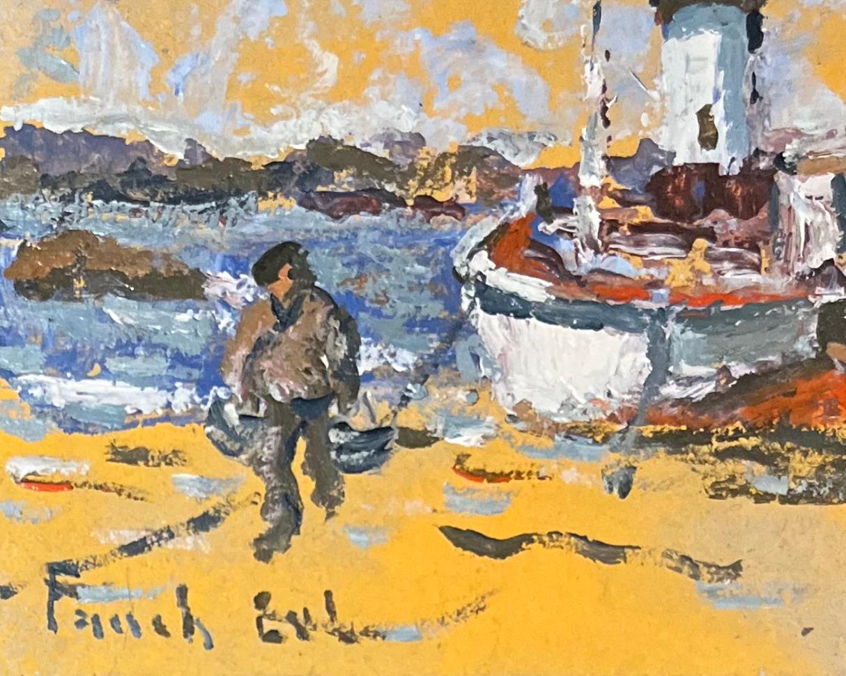 Französischer Impressionist Ölgemälde eines Bootes und eines Fischers in der Nähe eines Leuchtturms (Impressionismus), Painting, von Fanch Lel