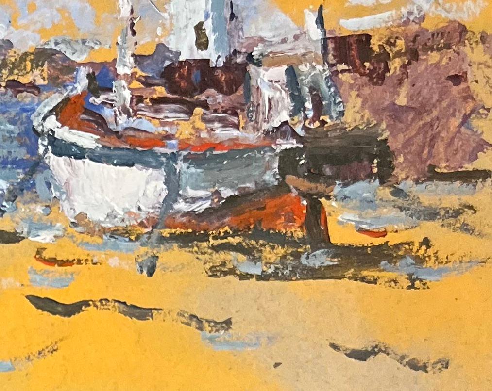 Französischer Impressionist Ölgemälde eines Bootes und eines Fischers in der Nähe eines Leuchtturms (Beige), Landscape Painting, von Fanch Lel
