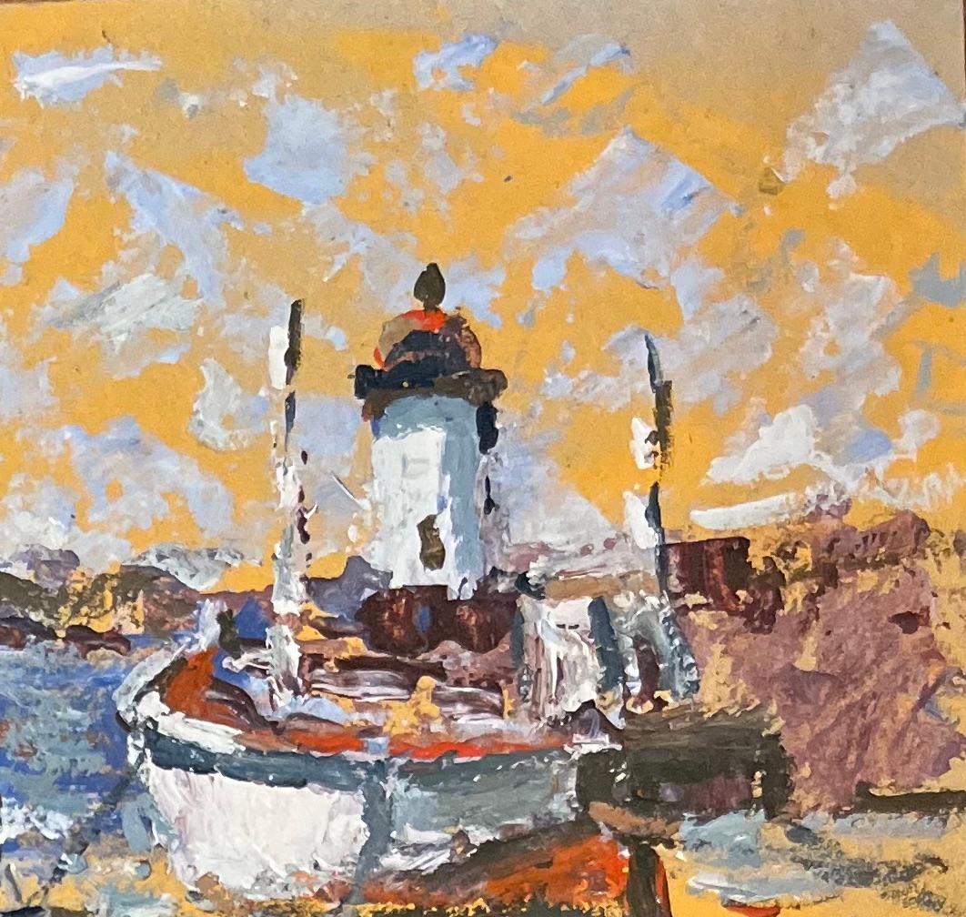 Titel: Französischer Impressionist Ölgemälde eines Bootes und eines Fischers in der Nähe eines Leuchtturms
Von Fanch Lel (Franzose, geb. 1930)
Größe: 5,25 x 6 Zoll (Höhe x Breite)
Unterschrieben: Ja
Ölgemälde auf Karton, ungerahmt
Zustand: Das