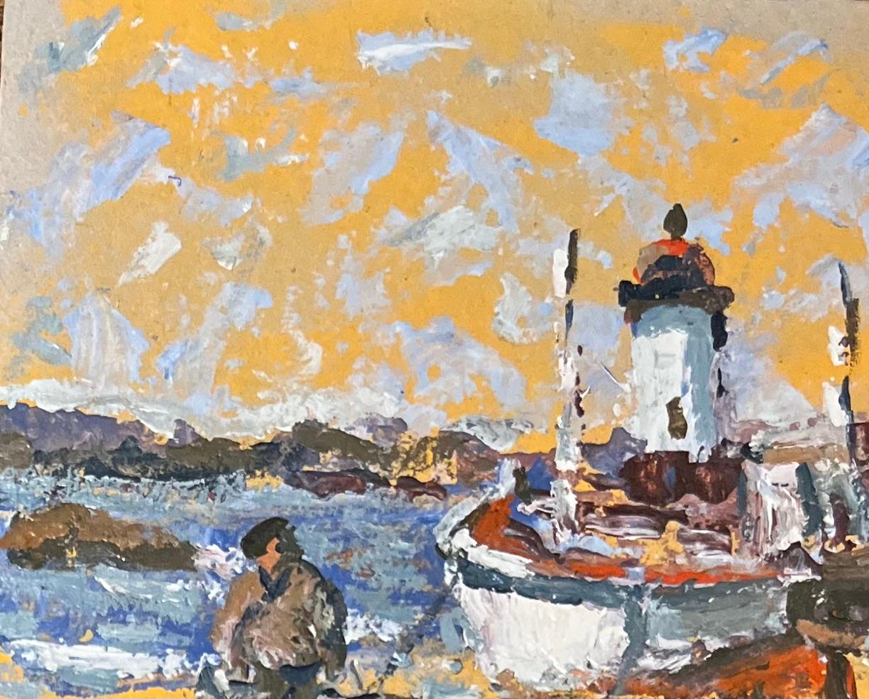 Französischer Impressionist Ölgemälde eines Bootes und eines Fischers in der Nähe eines Leuchtturms im Angebot 1