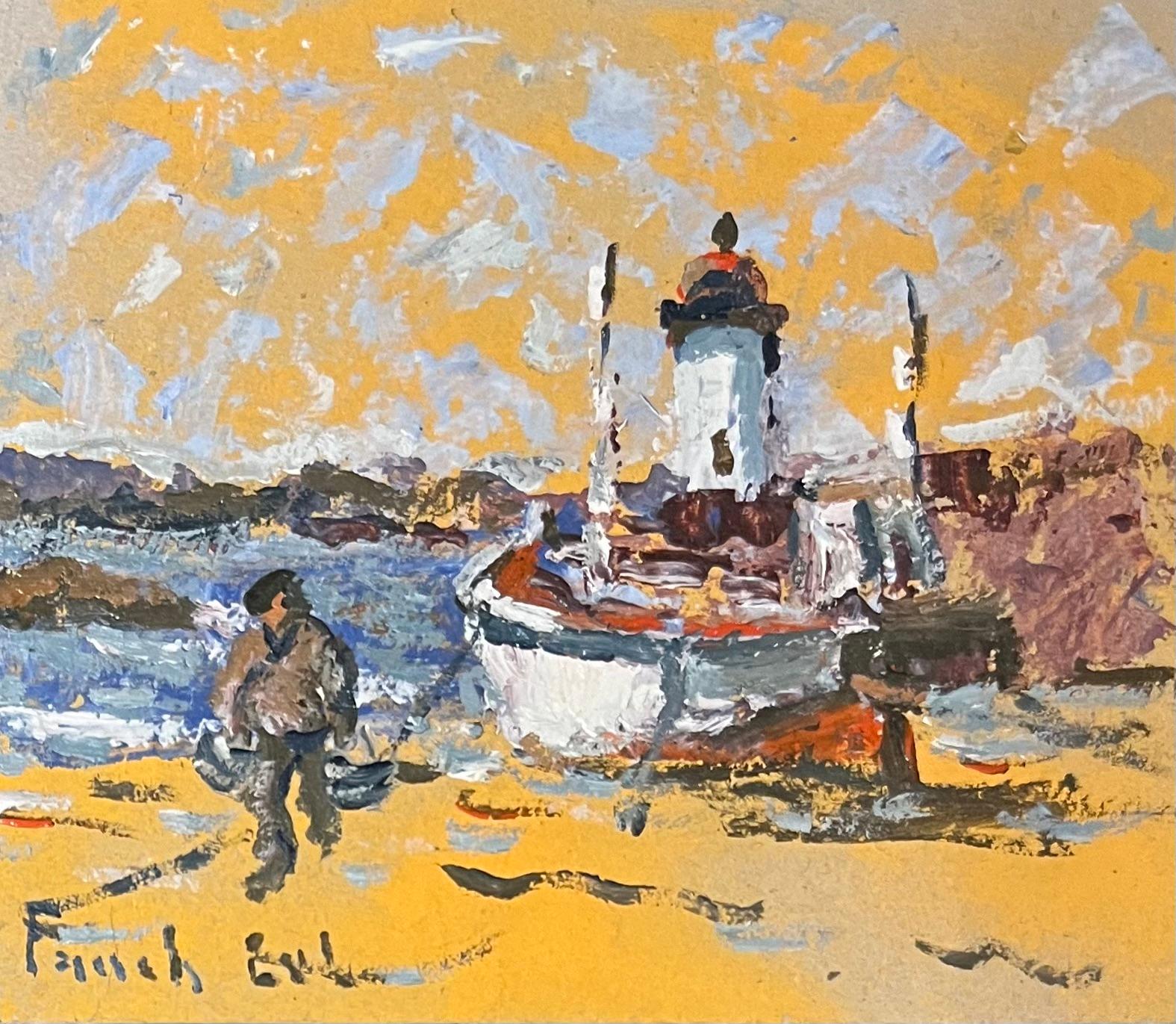 Fanch Lel Landscape Painting – Französischer Impressionist Ölgemälde eines Bootes und eines Fischers in der Nähe eines Leuchtturms