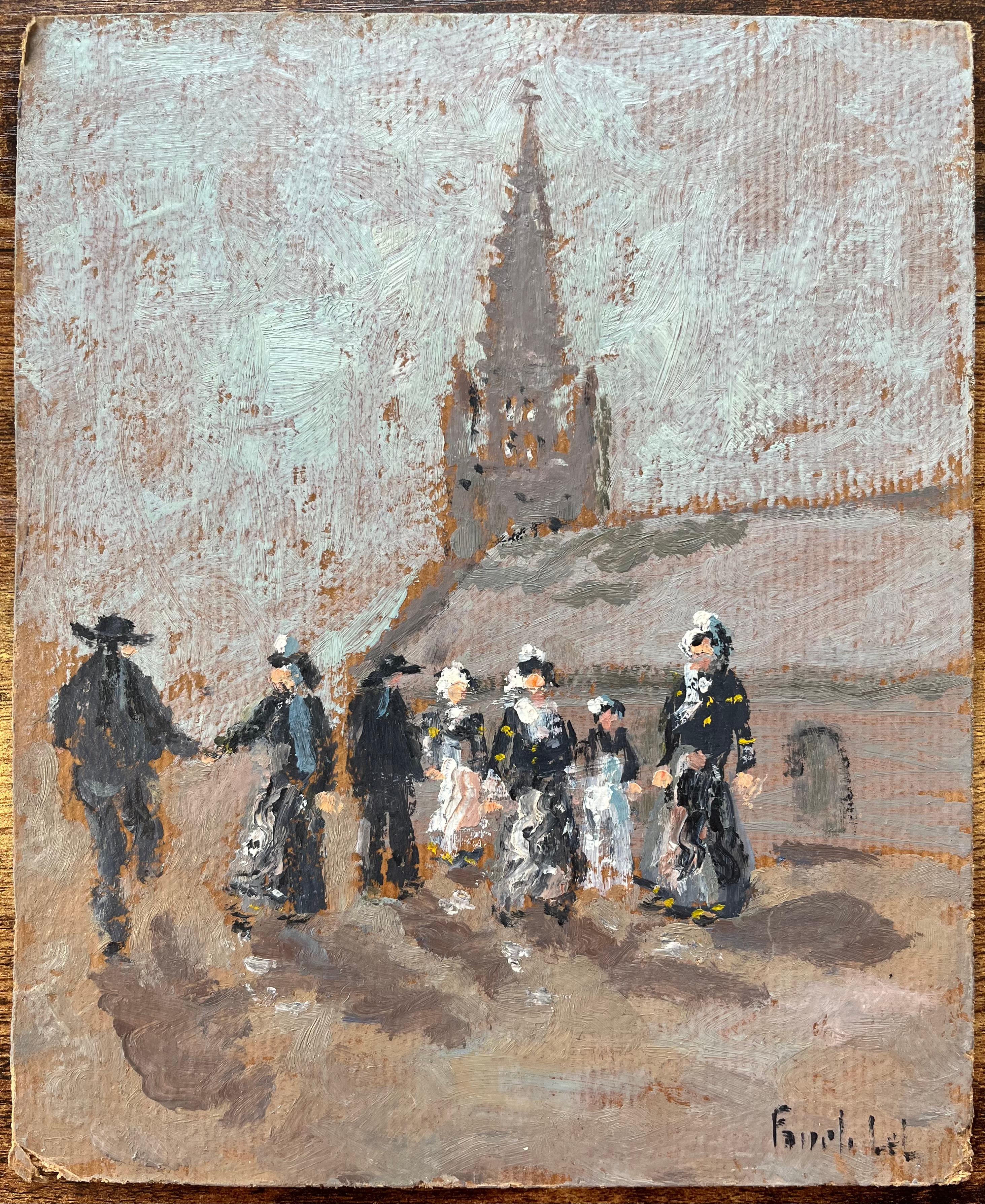 French Impressionist Oil Painting of a Breton Dance at Glomivel - Gray Figurative Painting by Fanch Lel