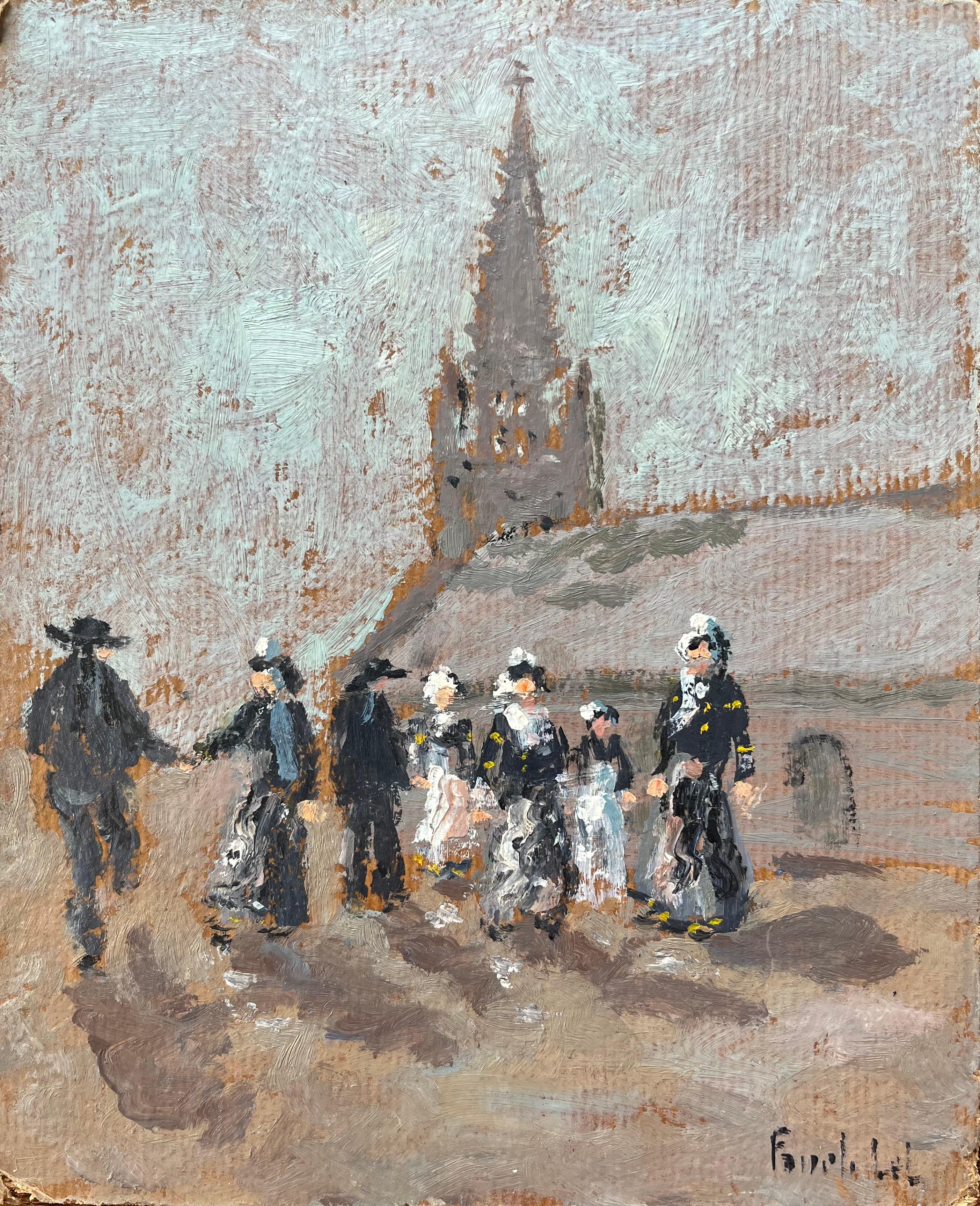 Fanch Lel Figurative Painting - French Impressionist Oil Painting of a Breton Dance at Glomivel
