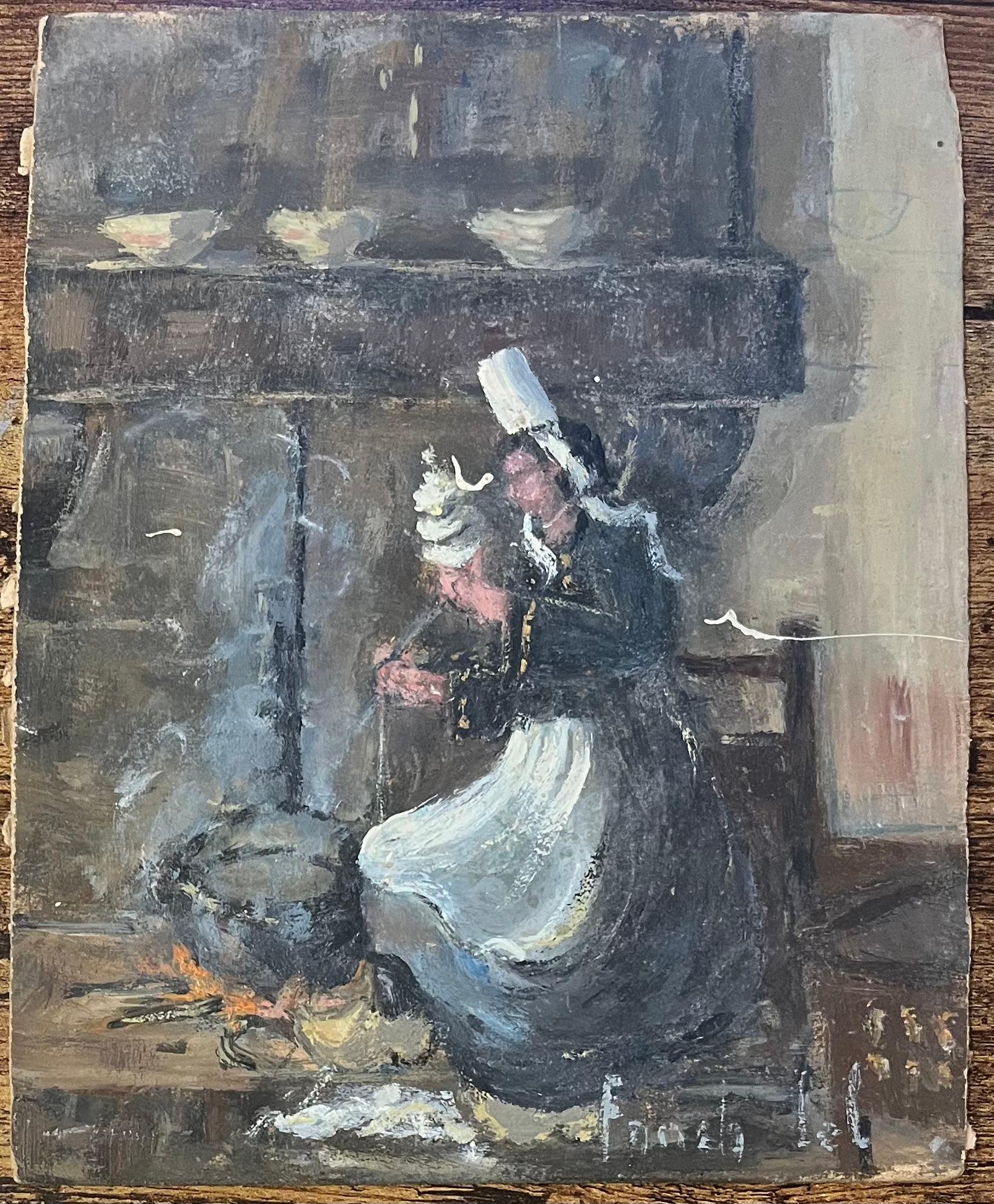 French Impressionist Oil Painting of a Breton Woman Kneeling by an Open Hearth - Gray Figurative Painting by Fanch Lel