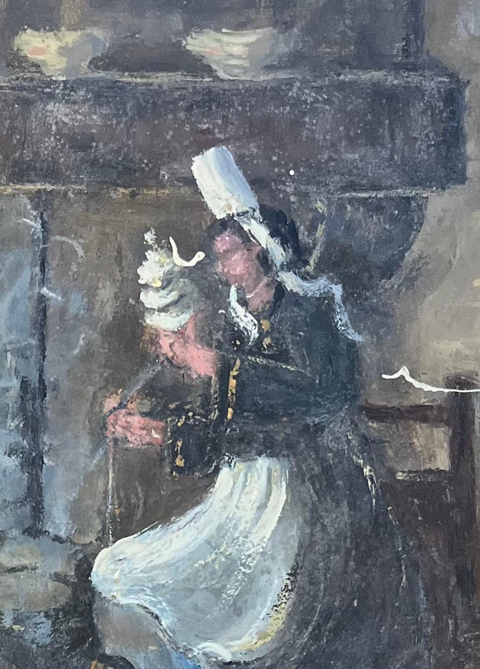 Title: French Impressionist Oil Painting of a Breton Woman Kneeling by an Open Hearth
By Fanch Lel (French b. 1930)
Size: 10.75 x 8.5 inches (height x width)
Signed: Yes
Oil painting on board, unframed
Condition: The painting is in good condition,