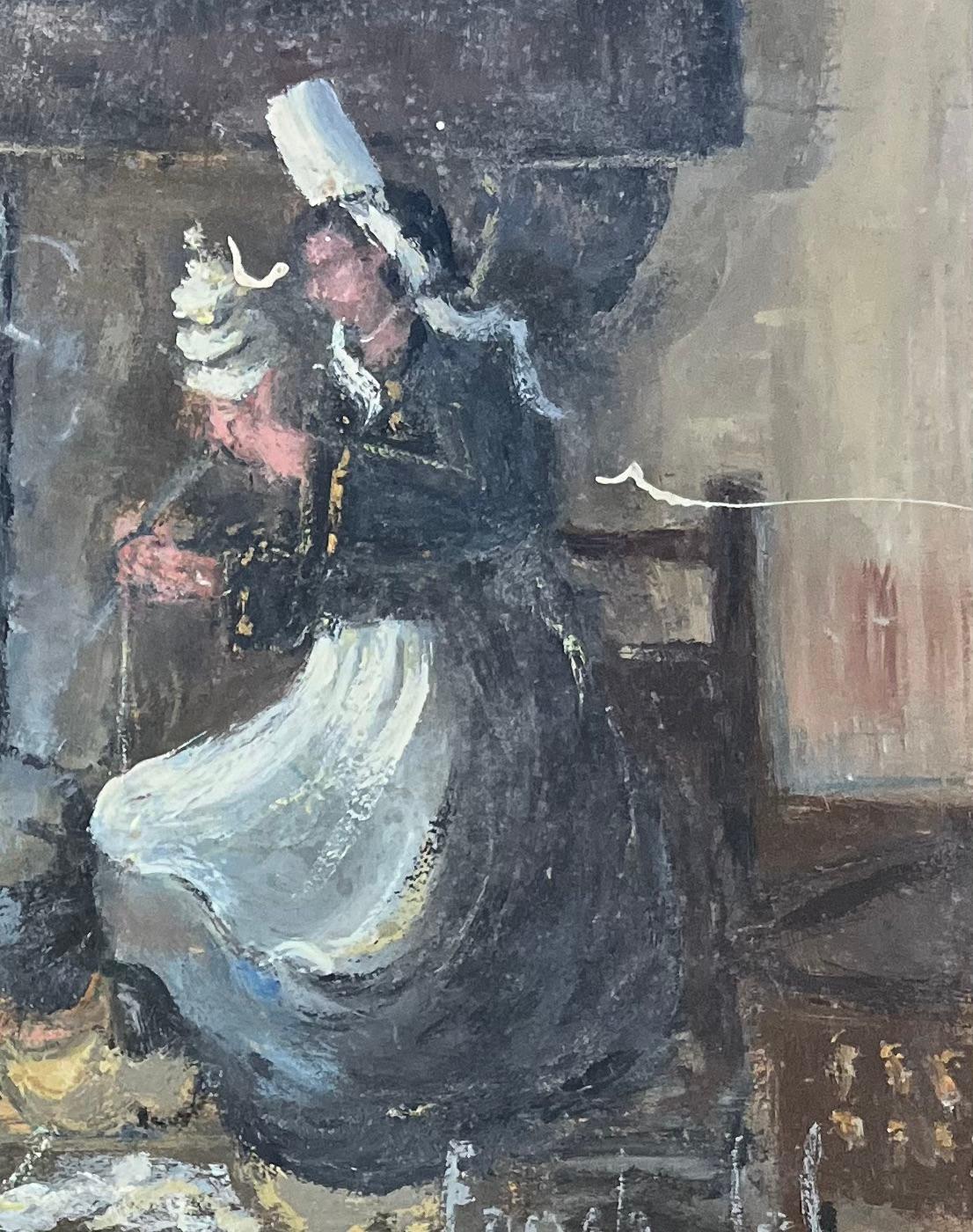 French Impressionist Oil Painting of a Breton Woman Kneeling by an Open Hearth For Sale 1