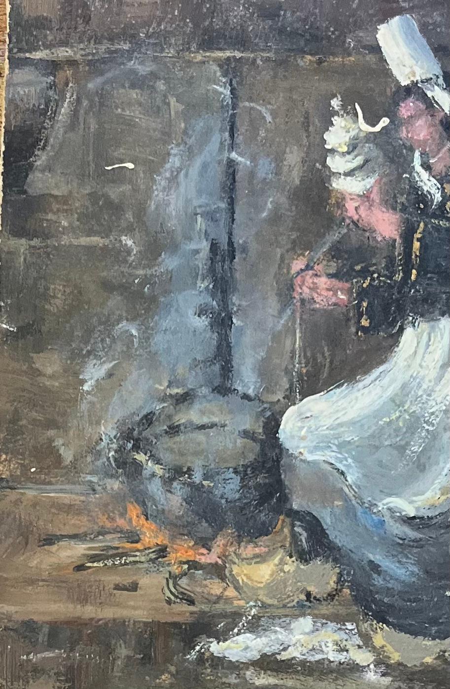 French Impressionist Oil Painting of a Breton Woman Kneeling by an Open Hearth For Sale 2