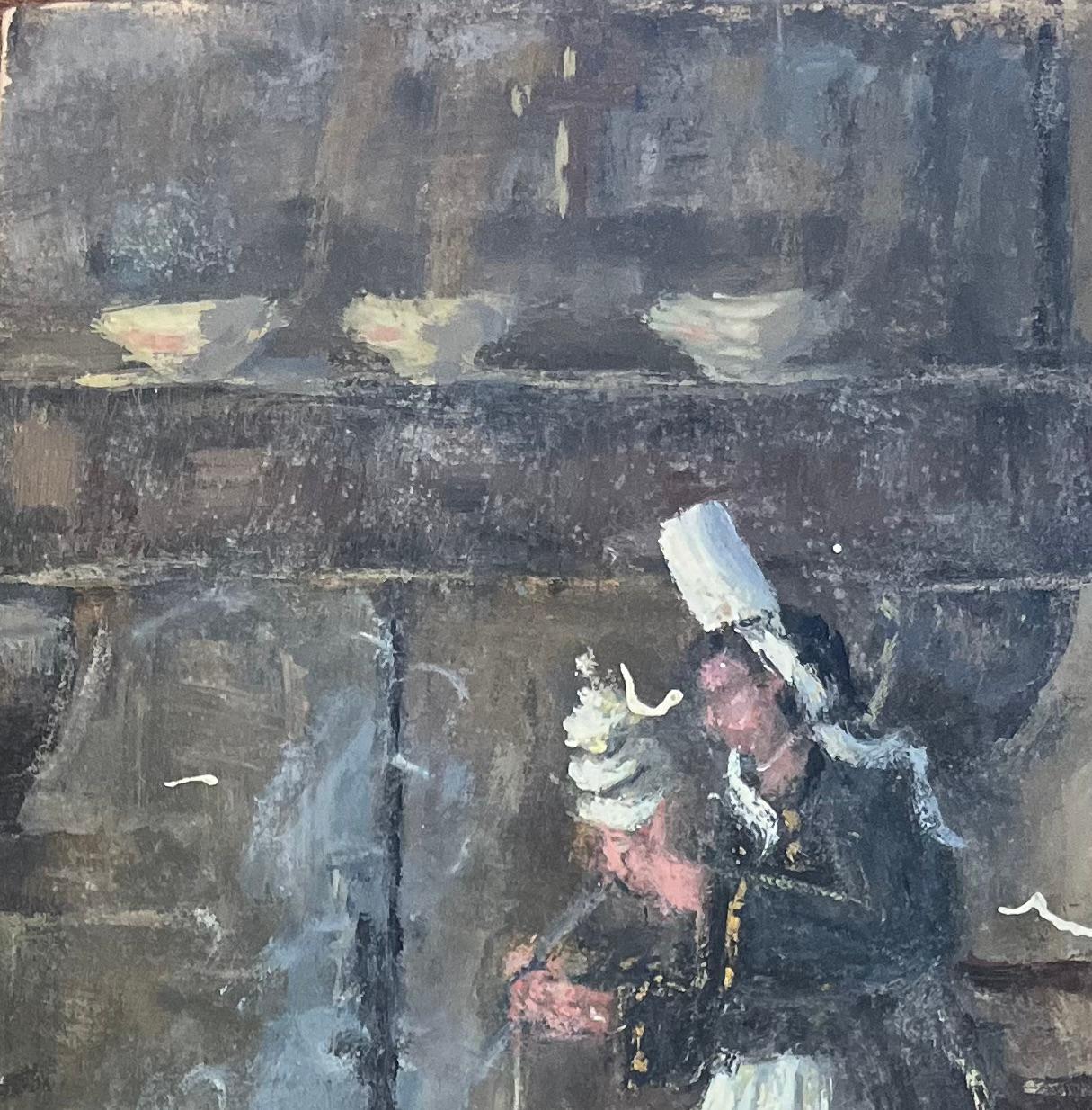 French Impressionist Oil Painting of a Breton Woman Kneeling by an Open Hearth For Sale 3