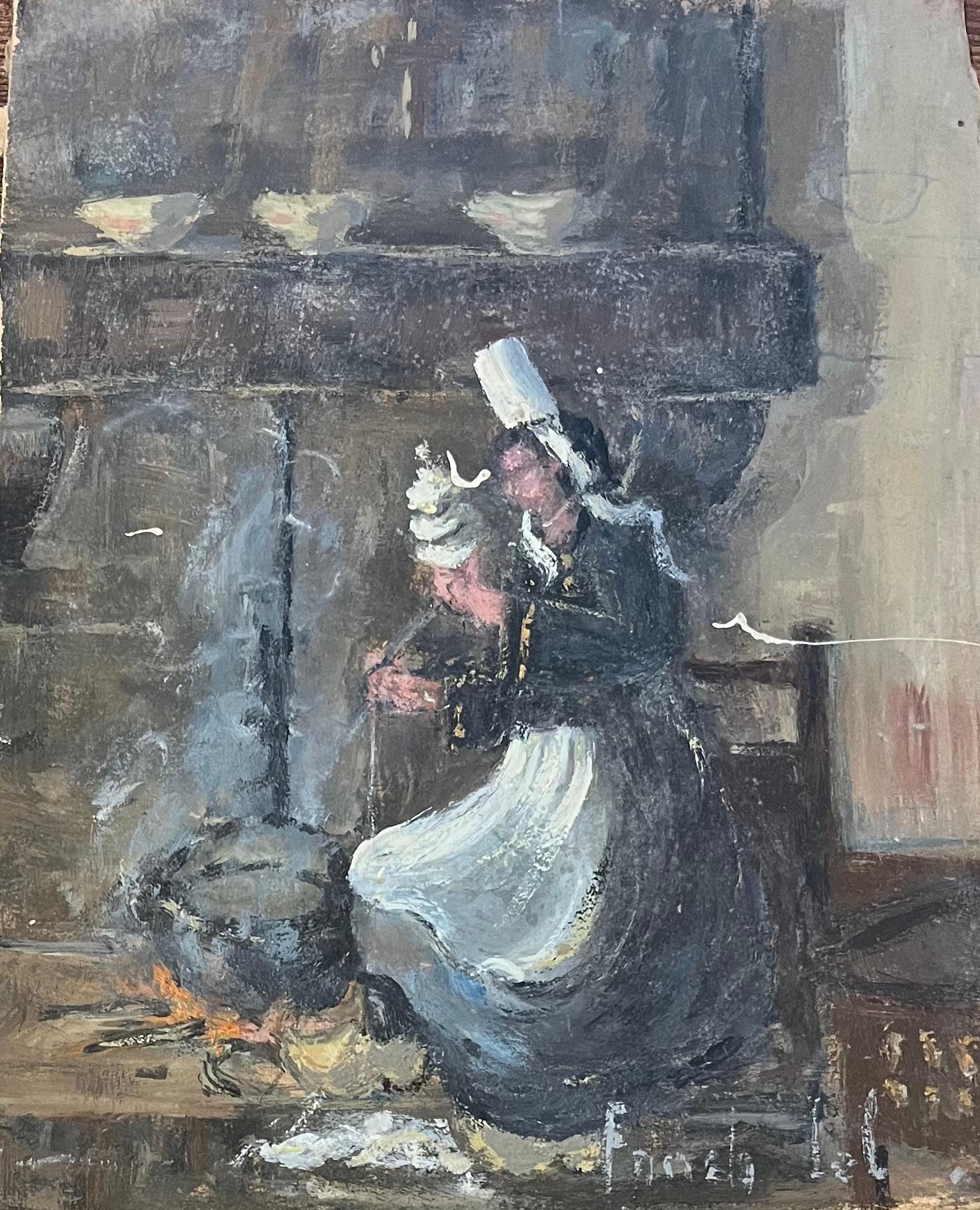 Fanch Lel Figurative Painting - French Impressionist Oil Painting of a Breton Woman Kneeling by an Open Hearth