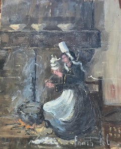 French Impressionist Oil Painting of a Breton Woman Kneeling by an Open Hearth
