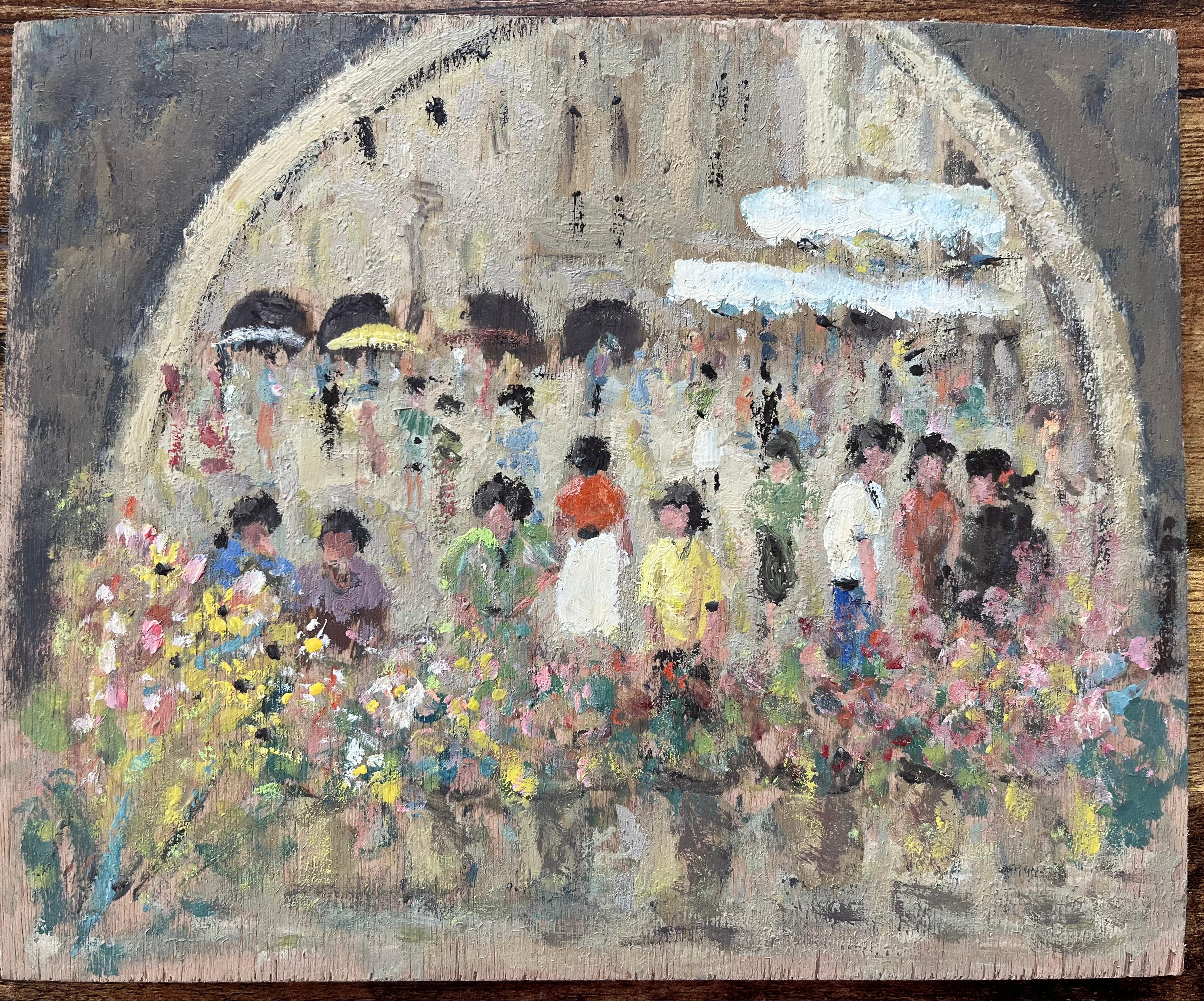French Impressionist Oil Painting of a Bustling Flower Market with Figures - Gray Landscape Painting by Fanch Lel