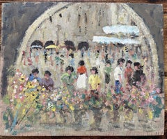 Quadro a olio impressionista francese raffigurante un mercato di fiori con figure