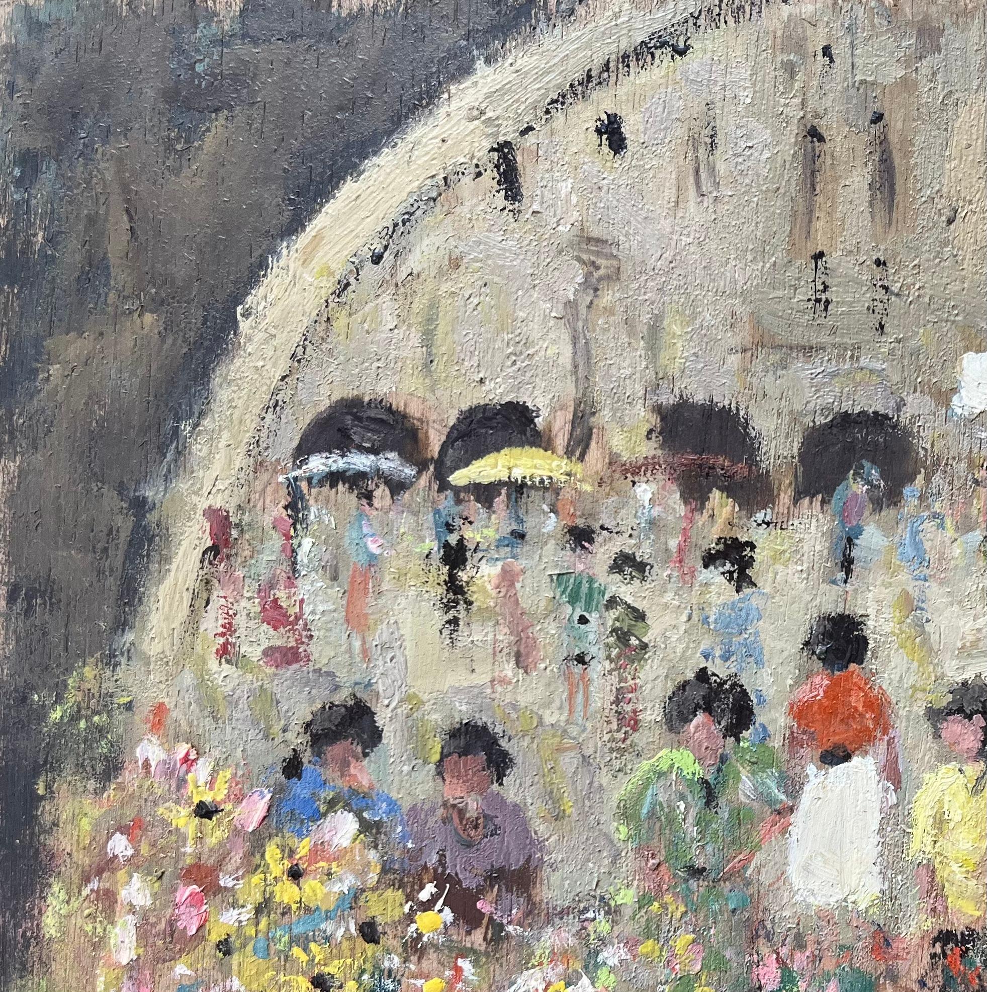 French Impressionist Oil Painting of a Bustling Flower Market with Figures For Sale 1